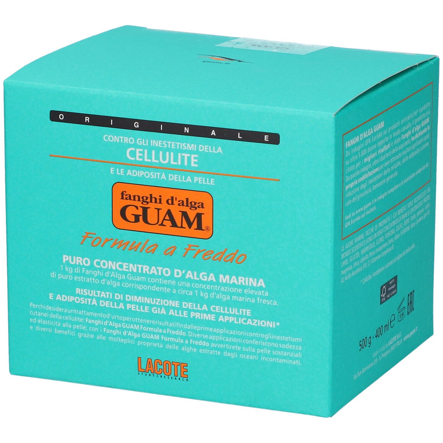 Scatola turchese con scritta: GUAM, Formula a Freddo, contro la cellulite.