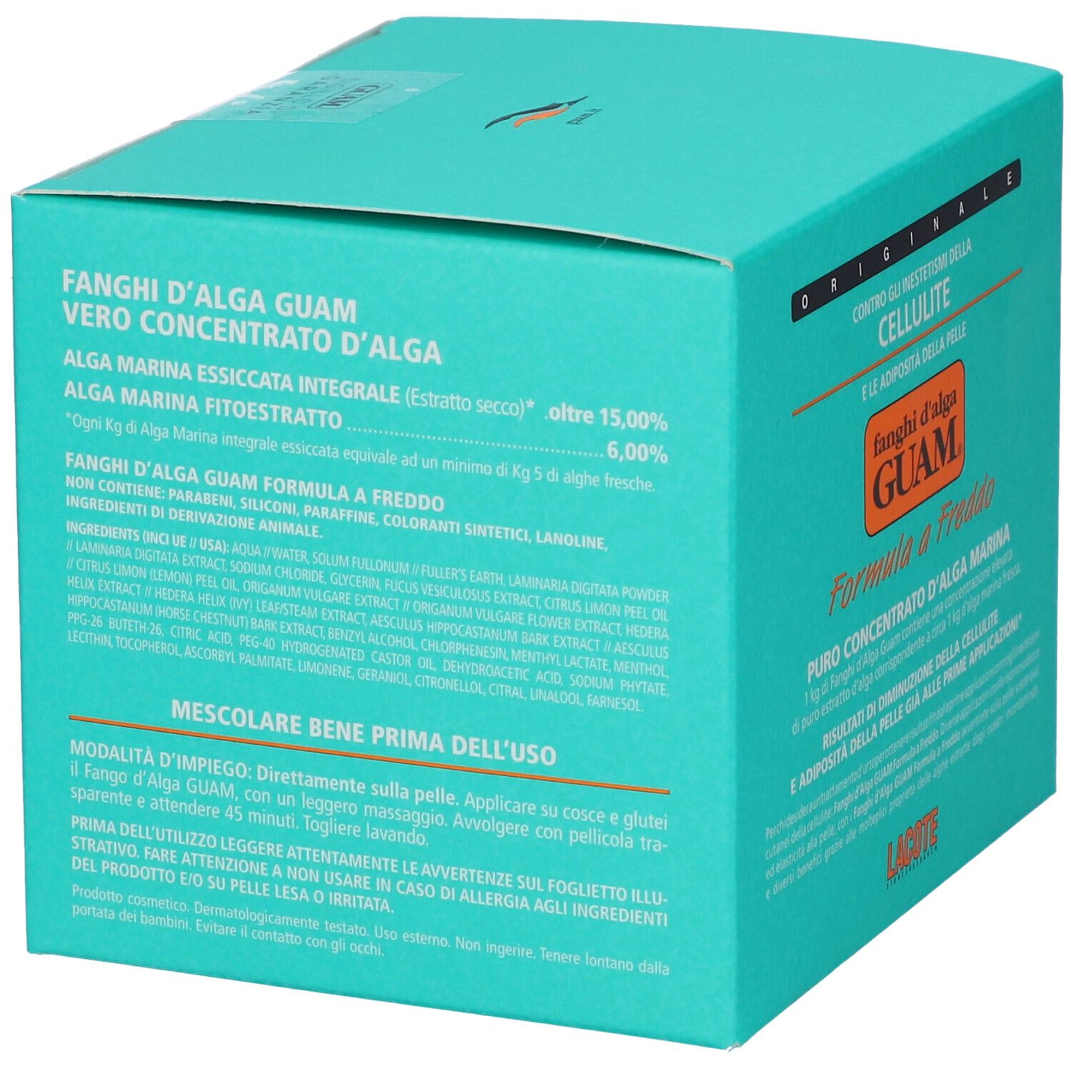 Scatola turchese con testo. Scritta: GUAM, Formula a Freddo, alghe.