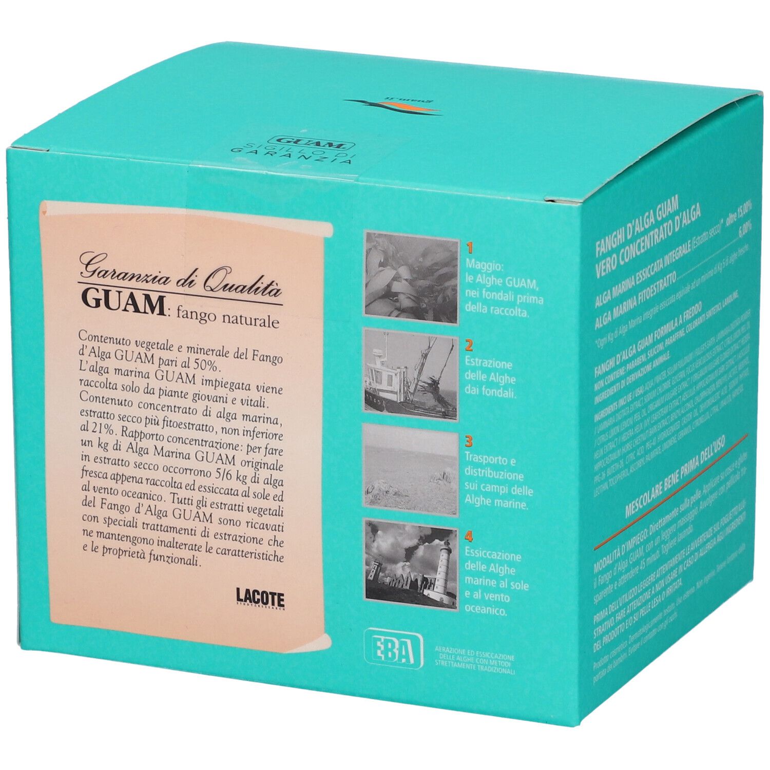 Scatola turchese con testo e immagini. Scritta: GUAM, Garanzia di Qualità.