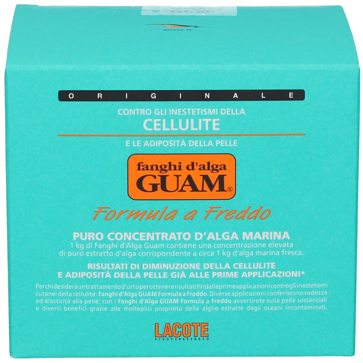 Scatola turchese con scritta: GUAM, Formula a Freddo, contro la cellulite.