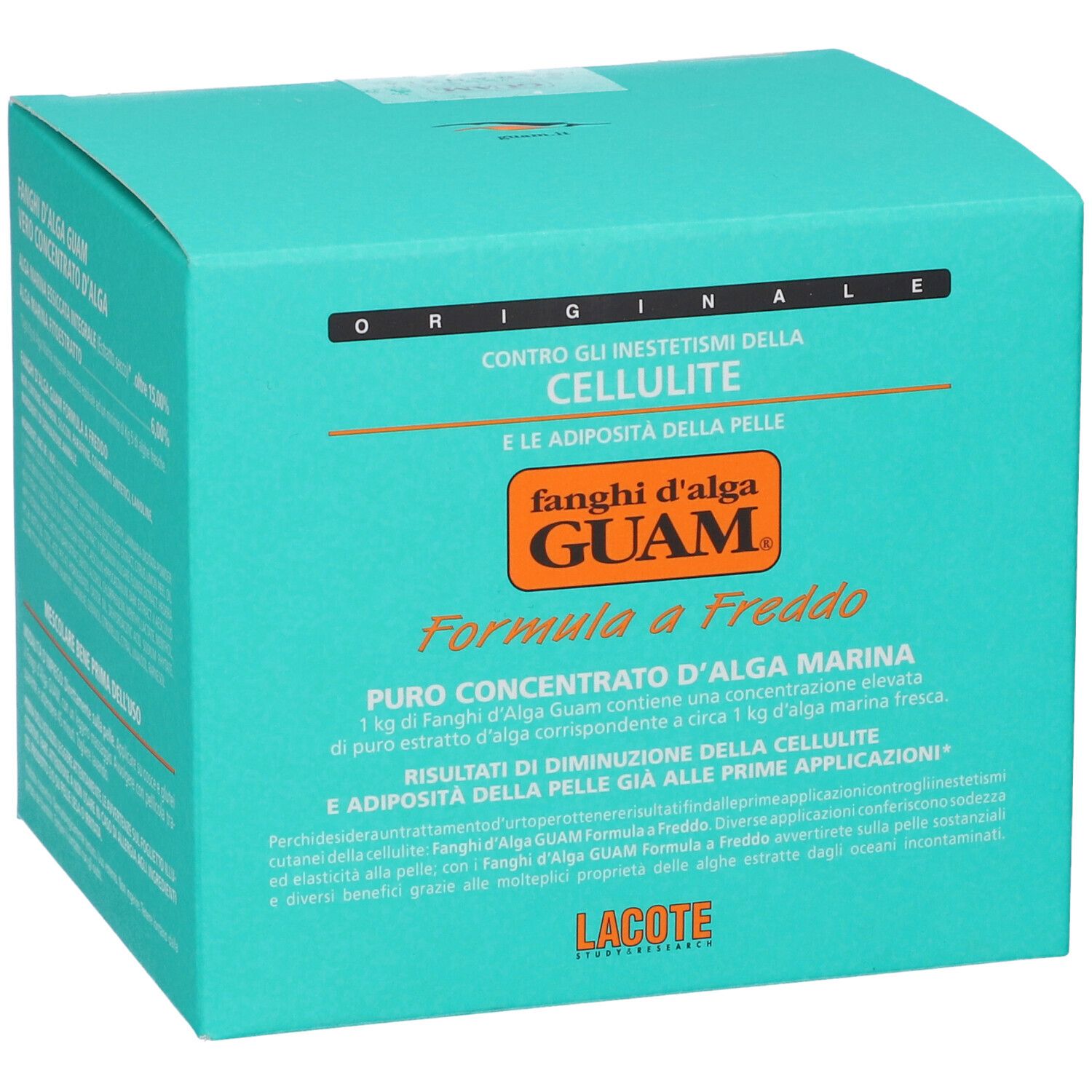Scatola turchese con scritta: GUAM, Formula a Freddo, contro la cellulite.