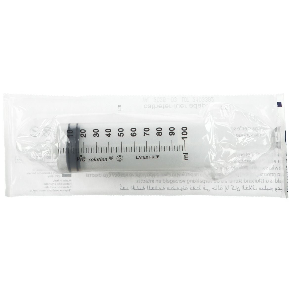Spritze in Folienverpackung. Skala bis 100. Aufdruck: PIC solution, Latex-frei. Schwarzer Kolben.