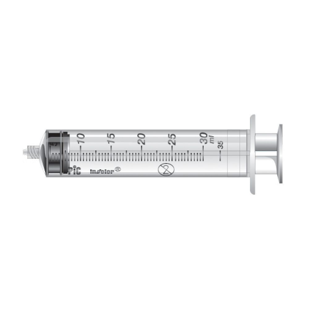 Siringa monouso trasparente con stantuffo nero e scala fino a 30 ml. Marchio PIC. Sterile.