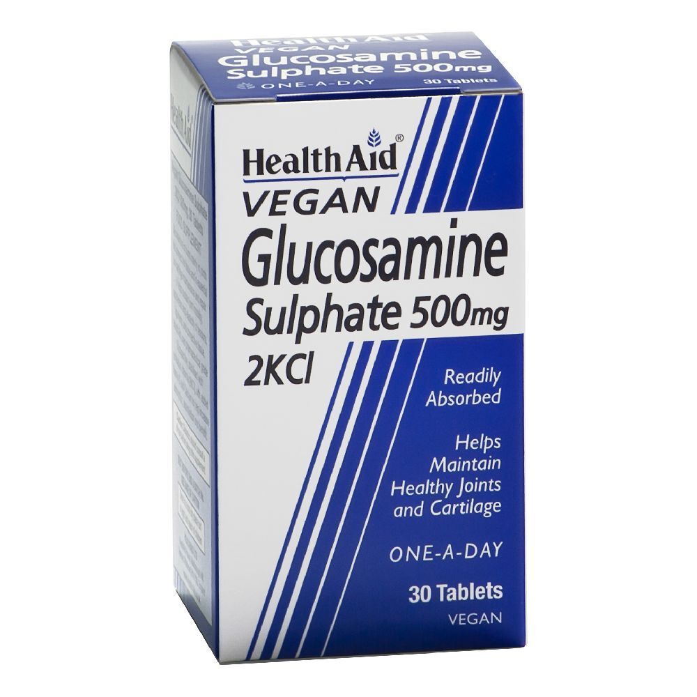 Scatola bianca con strisce blu. Scritta: Health Aid, Vegan, Glucosamine Sulphate 500mg, 30 compresse.