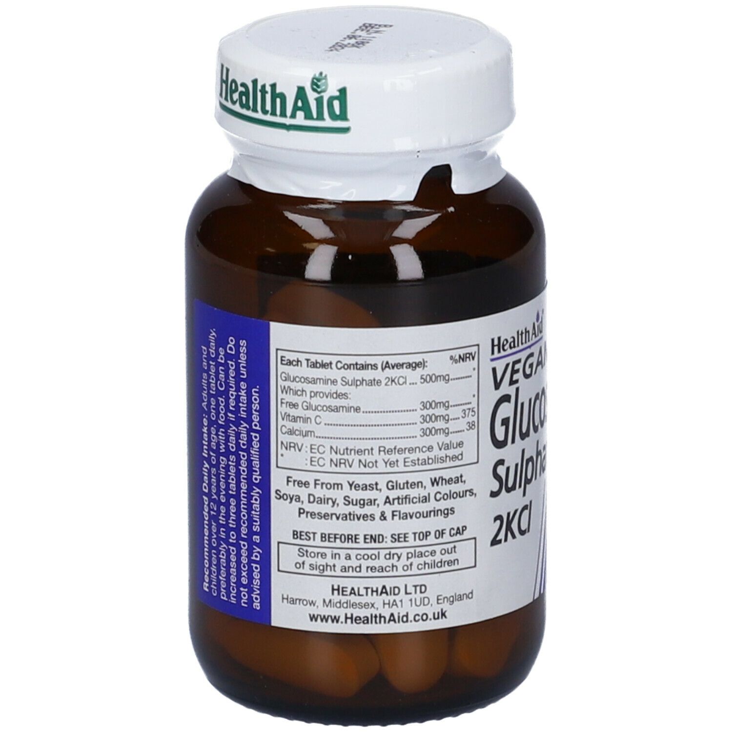 Flacone di vetro marrone con tappo bianco. Scritta: Health Aid, Vegan, Glucosamine Sulphate 500mg, 2KCl. Contiene compresse.