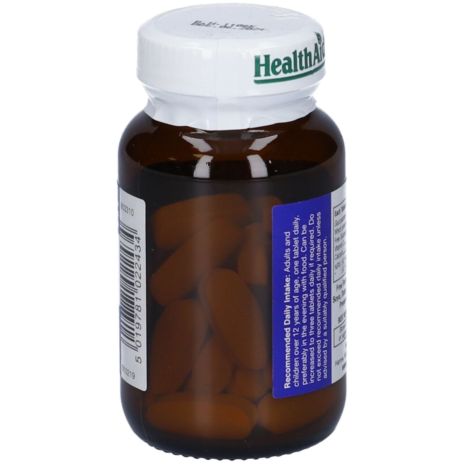 Flacone di vetro marrone con tappo bianco. Scritta: Health Aid. Contiene compresse. Etichetta blu con testo.