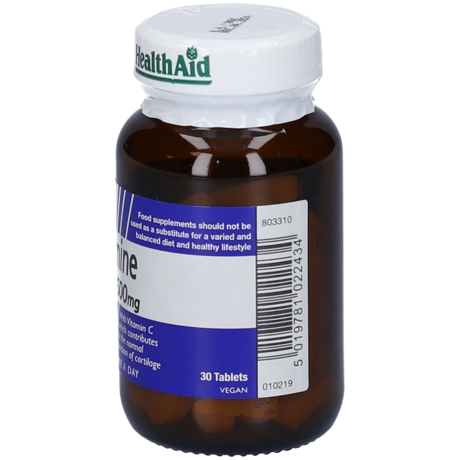 Flacone di vetro marrone con tappo bianco. Scritta: Health Aid. Contiene compresse. Etichetta blu con testo.