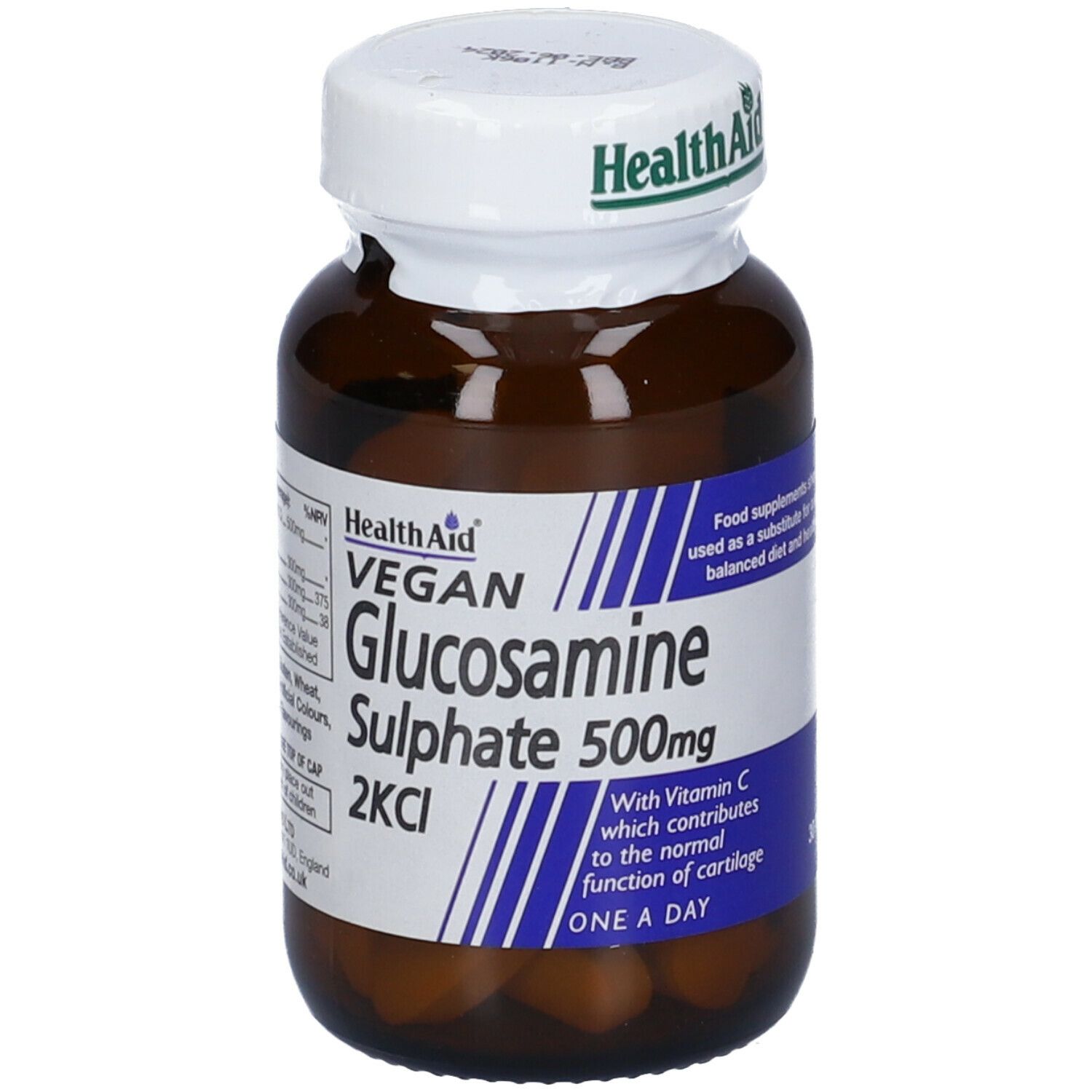 Flacone di vetro marrone con tappo bianco. Scritta: Health Aid, Vegan, Glucosamine Sulphate 500mg, 2KCl. Contiene compresse.