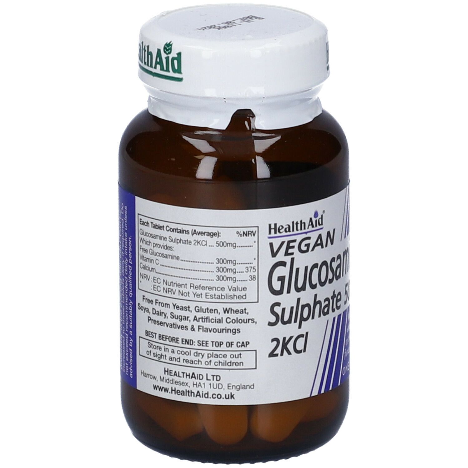 Flacone di vetro marrone con tappo bianco. Scritta: Health Aid, Vegan, Glucosamine Sulphate 500mg, 2KCl. Contiene compresse.