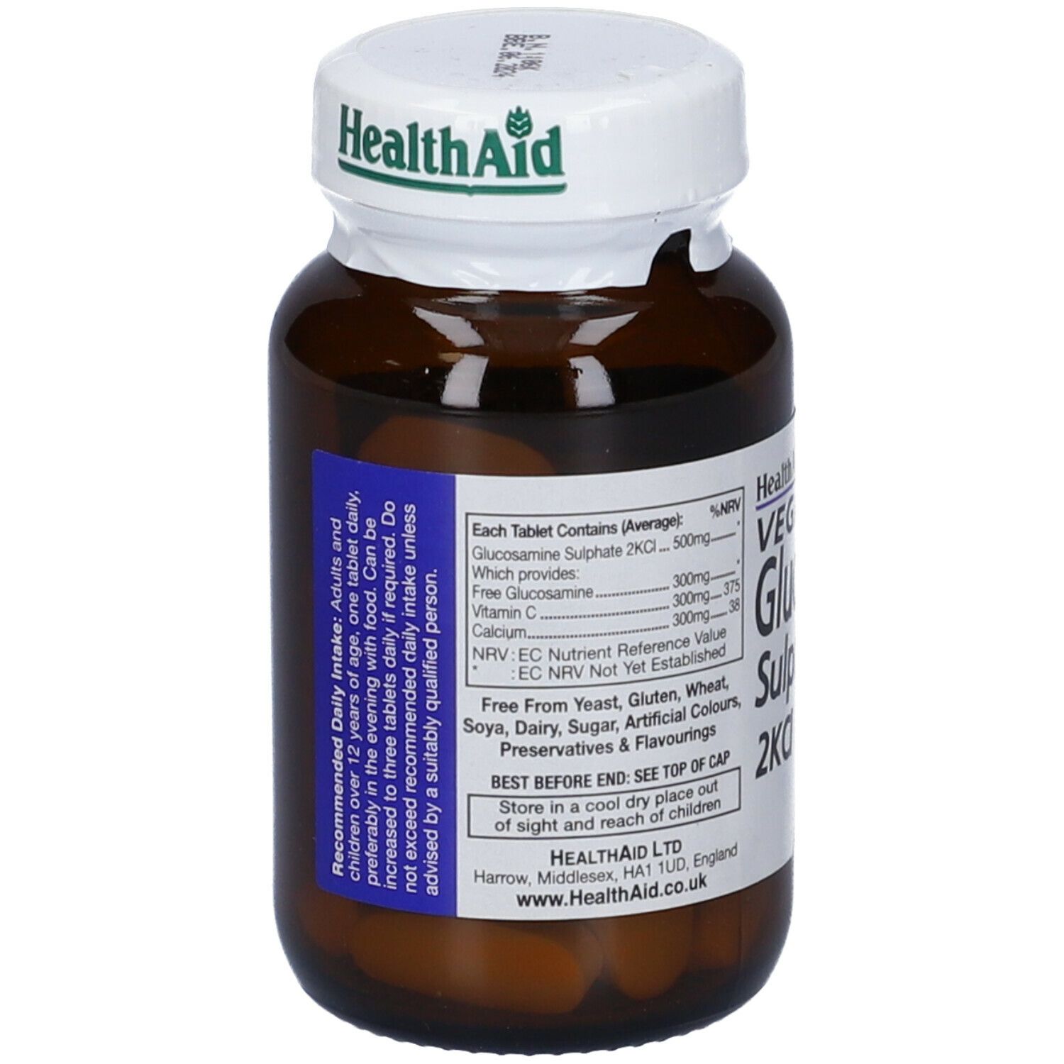 Flacone di vetro marrone con tappo bianco. Scritta: Health Aid. Contiene compresse. Etichetta blu con testo.