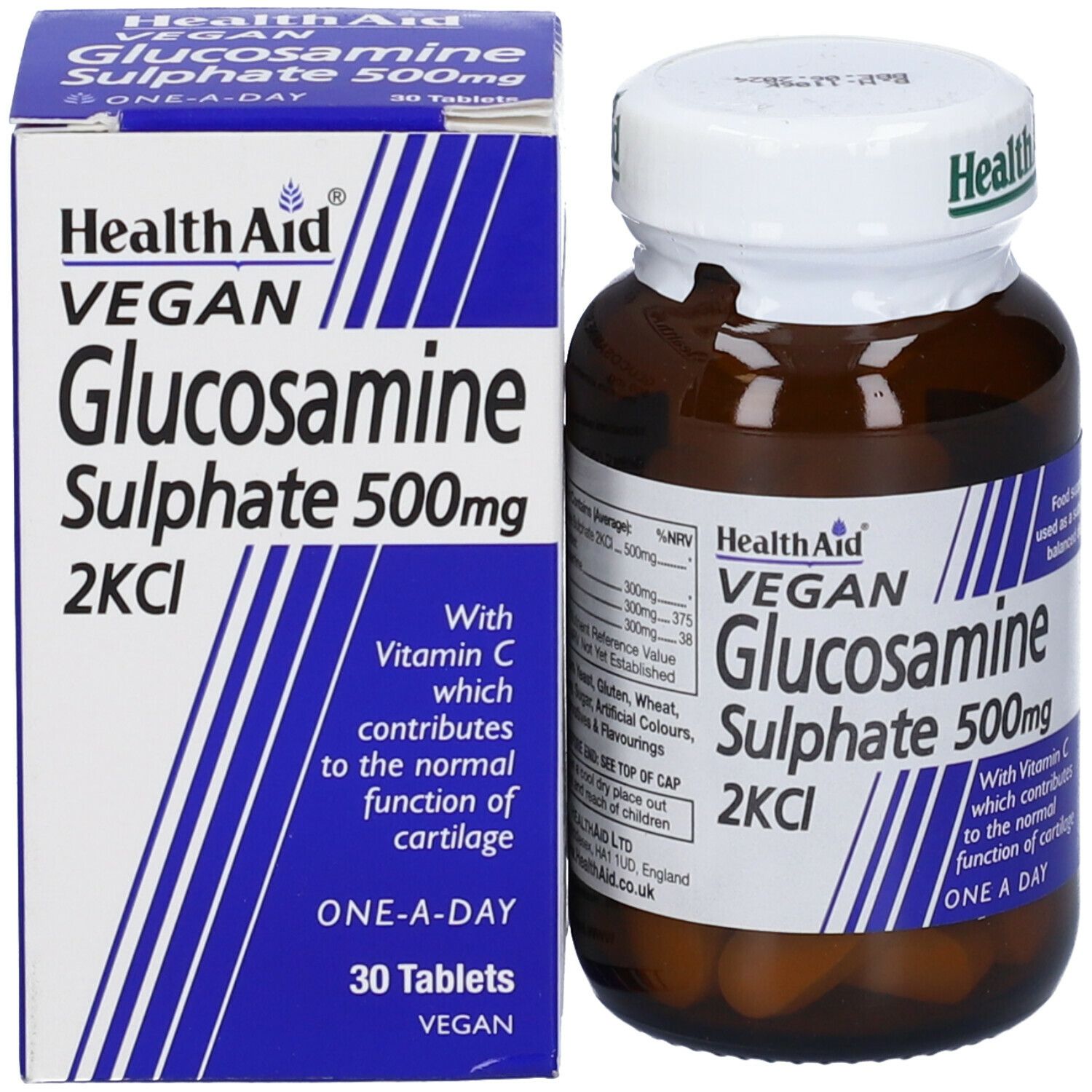 Flacone di vetro marrone e scatola bianca. Scritta: Health Aid, Vegan, Glucosamine Sulphate 500mg, 2KCl. Contiene compresse.