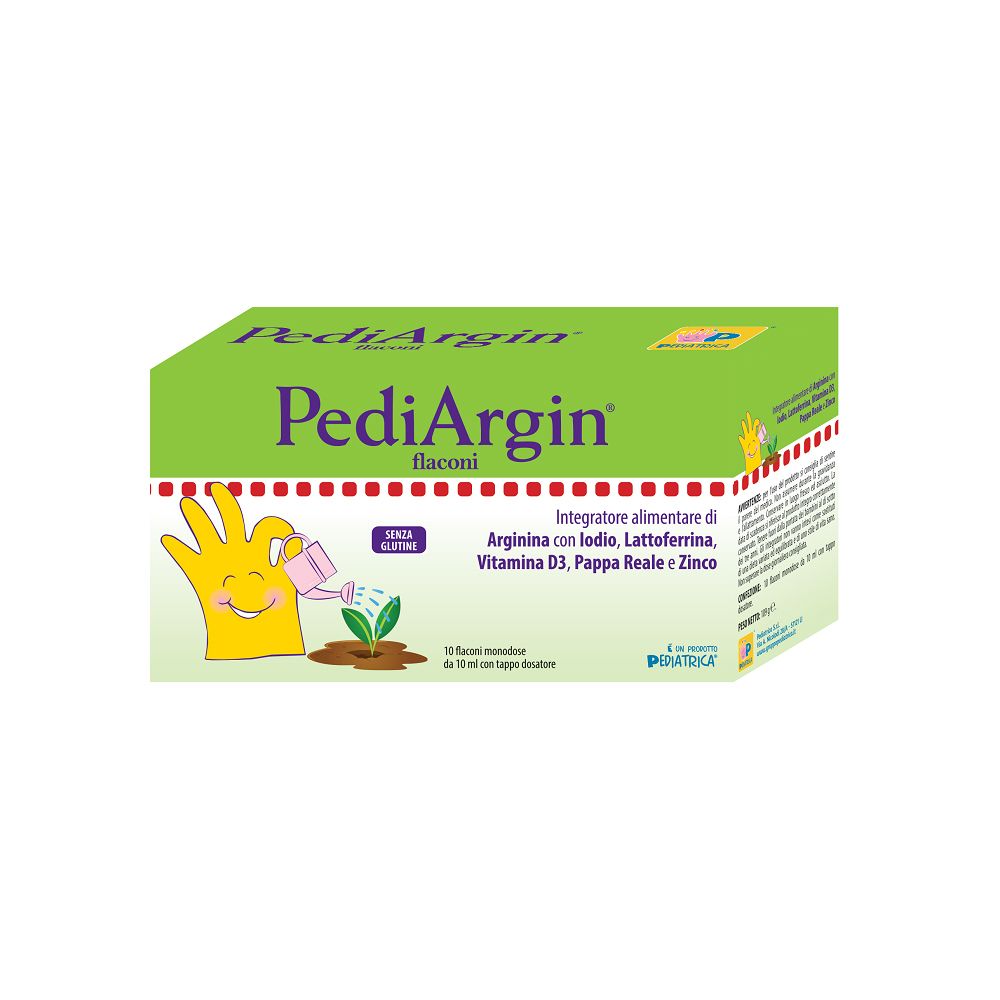 Scatola verde Pediargin con logo e informazioni. Contiene 10 flaconcini. Senza glutine.