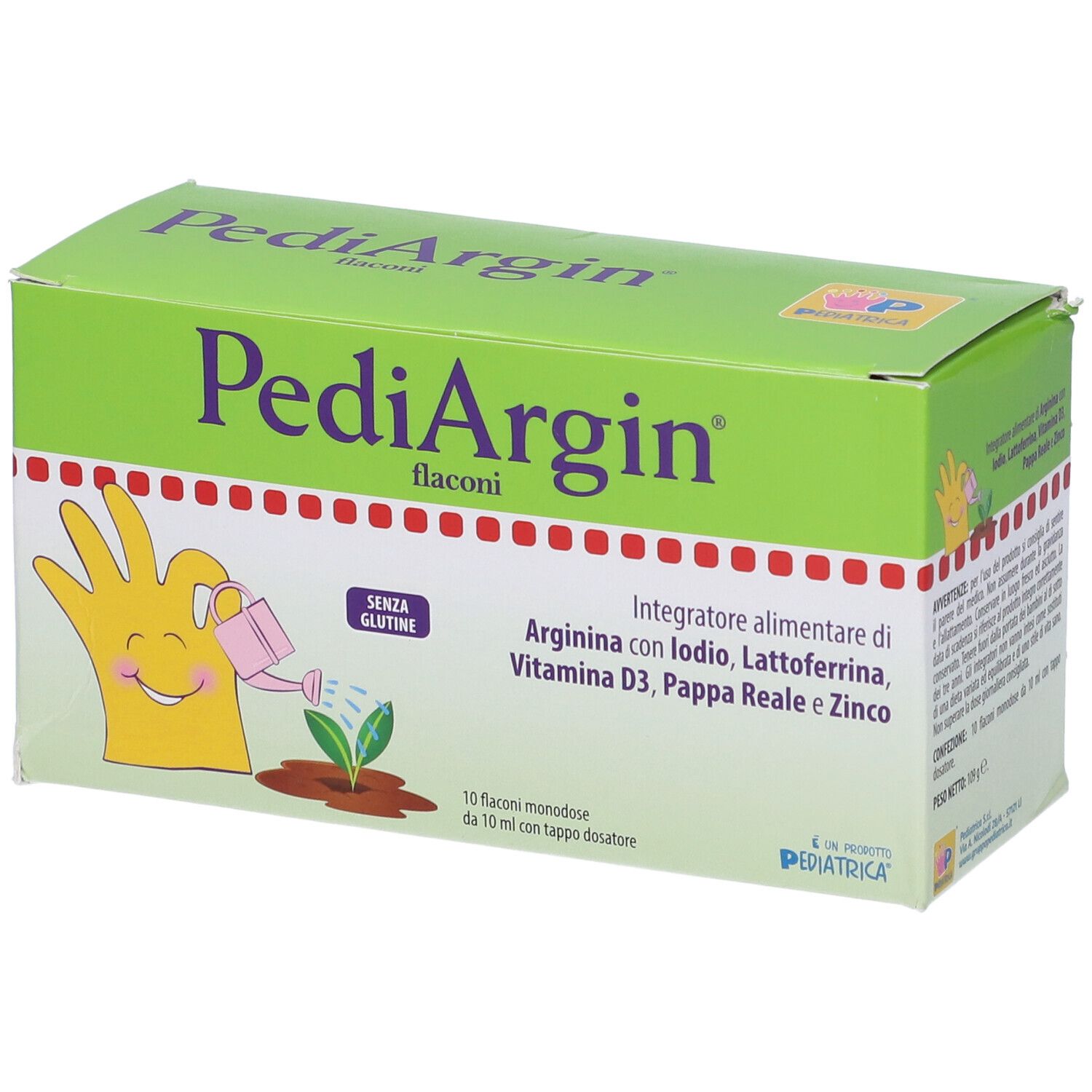 Scatola verde Pediargin con logo e informazioni. Contiene 10 flaconcini. Senza glutine.