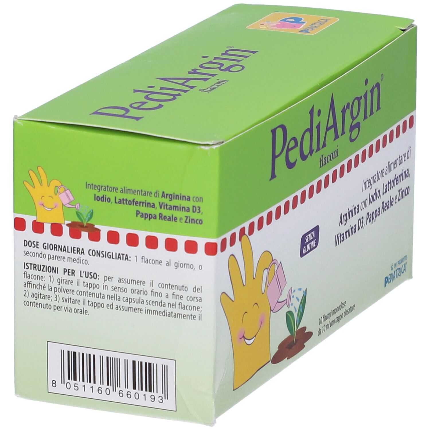 Scatola Pediargin, vista obliqua. Retro con istruzioni e codice a barre. Senza glutine.