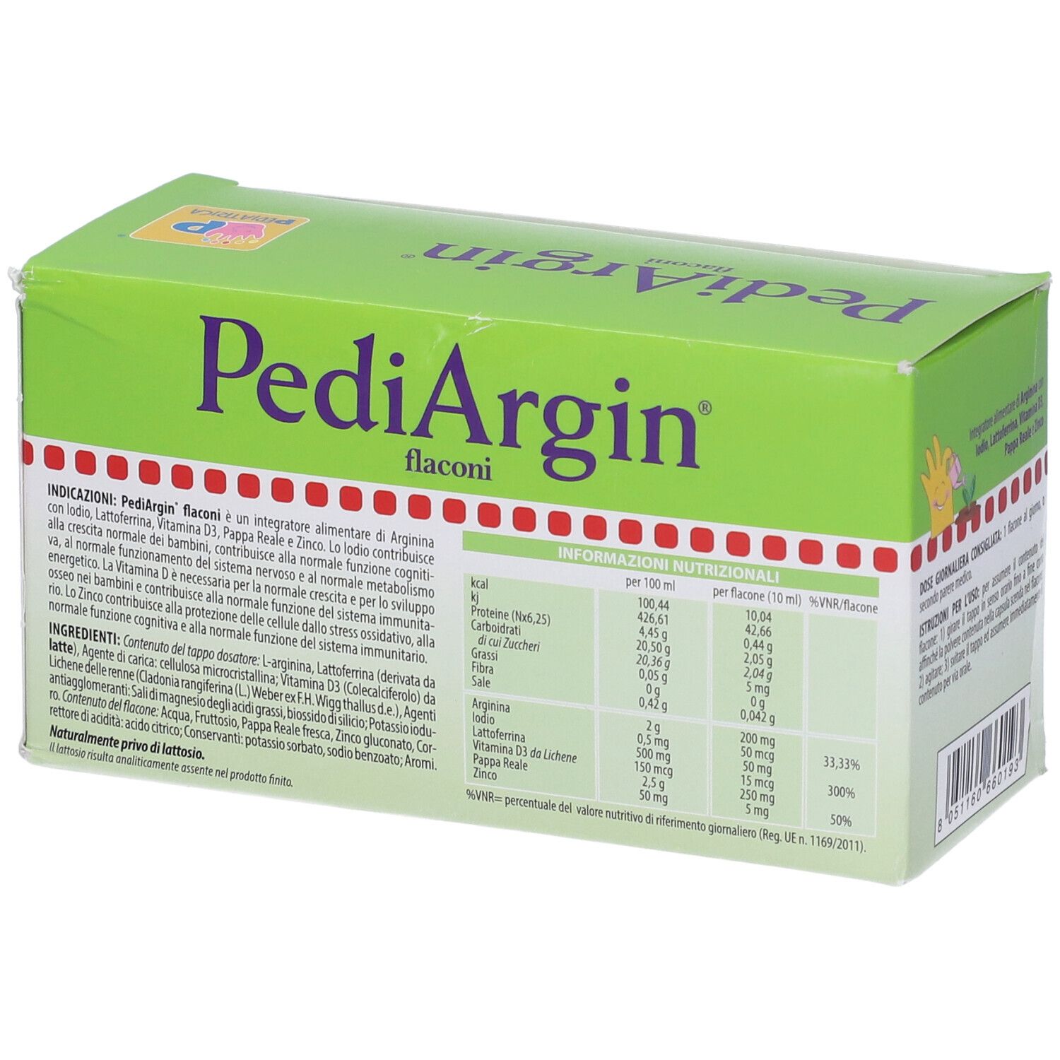 Scatola verde Pediargin, retro con informazioni nutrizionali. Contiene 10 flaconcini. Senza glutine.