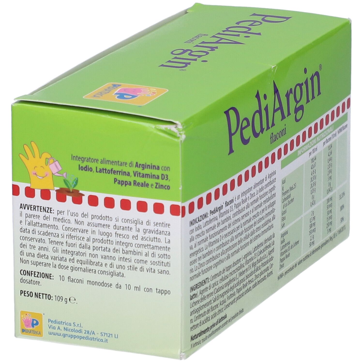 Scatola Pediargin, vista obliqua posteriore. Contiene 10 flaconcini. Senza glutine. Avvertenze.
