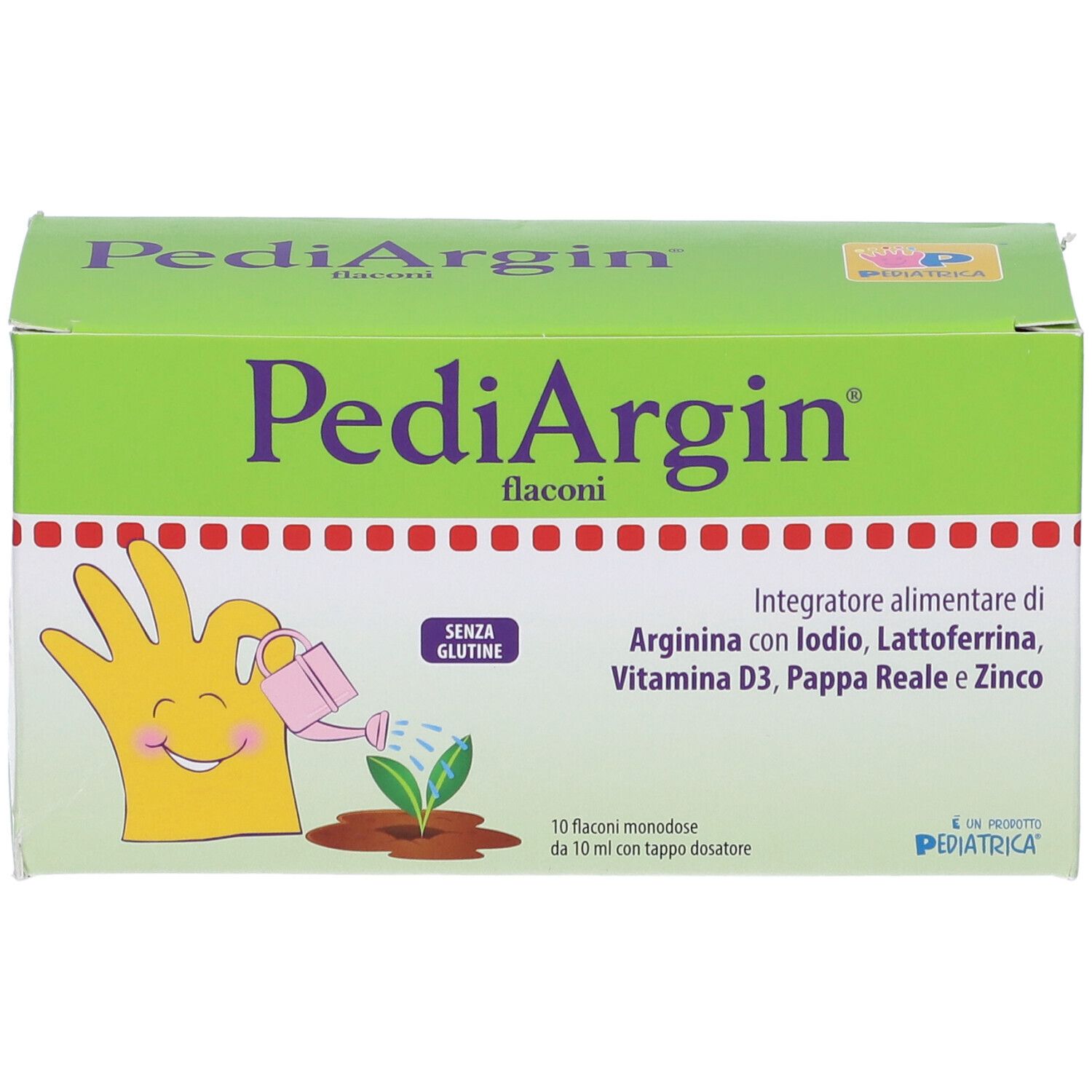 Scatola verde Pediargin con logo e informazioni. Contiene 10 flaconcini. Senza glutine.