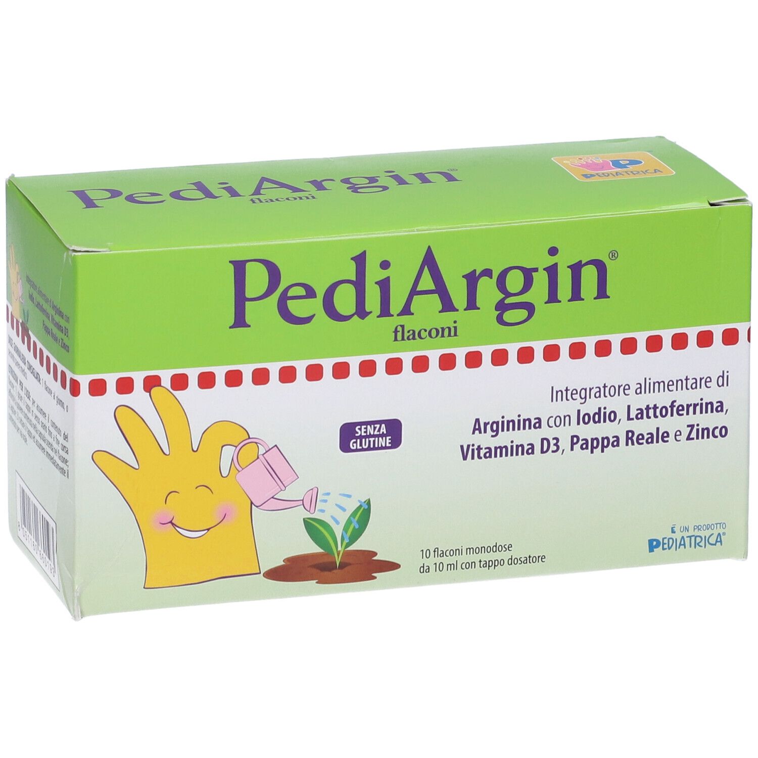 Scatola verde Pediargin con logo e informazioni. Contiene 10 flaconcini. Senza glutine.