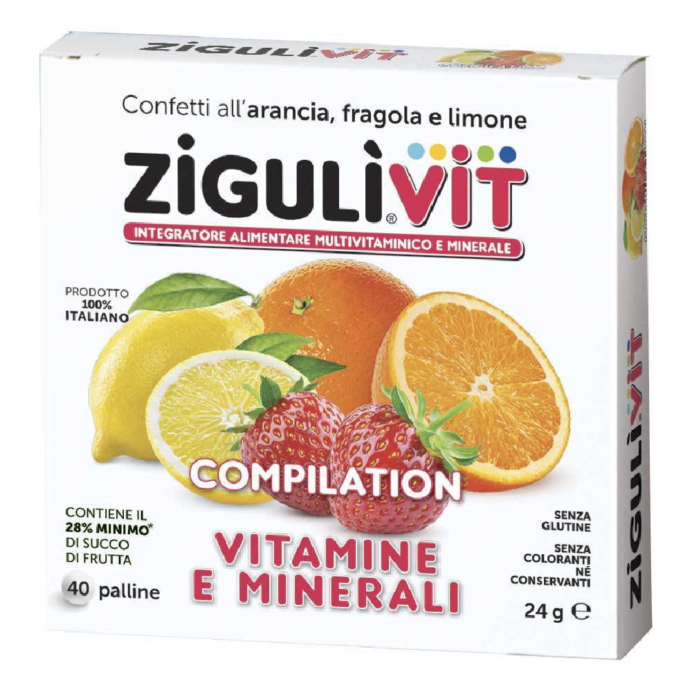 Scatola di Zigulìvit Compilation Vitamine e Minerali. Illustrazione di frutta: arancia, limone, fragola. Testo: confetti, 40 palline.