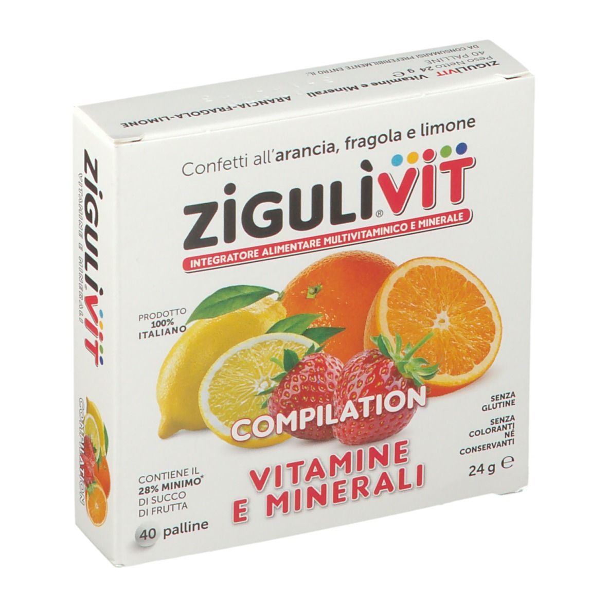 Scatola Zigulìvit Compilation Vitamine e Minerali. Frutta: arancia, limone, fragola. Testo: confetti, 40 palline, senza glutine, coloranti, conservanti.