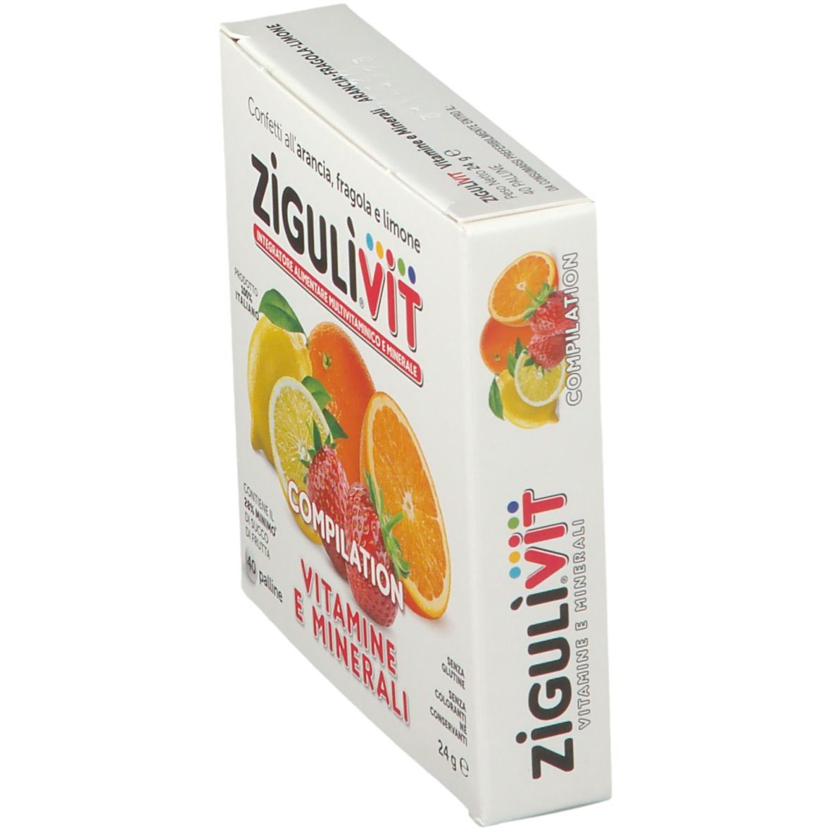 Scatola Zigulìvit Compilation Vitamine e Minerali. Frutta: arancia, limone, fragola. Testo: confetti, 40 palline, senza glutine, coloranti, conservanti.