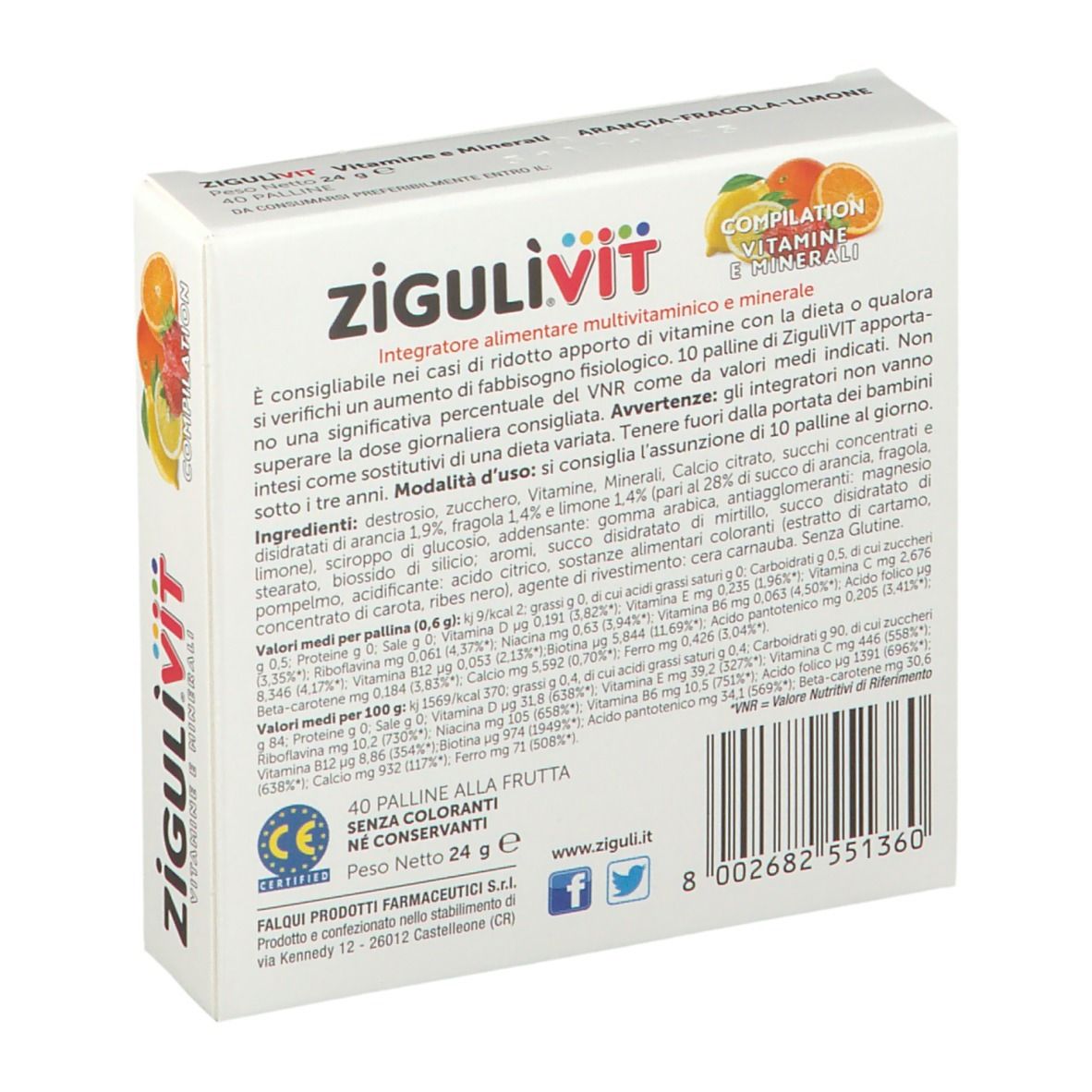 Scatola Zigulìvit Compilation Vitamine e Minerali. Retro con testo e lista ingredienti. Testo: 40 palline, senza conservanti, coloranti, glutine.