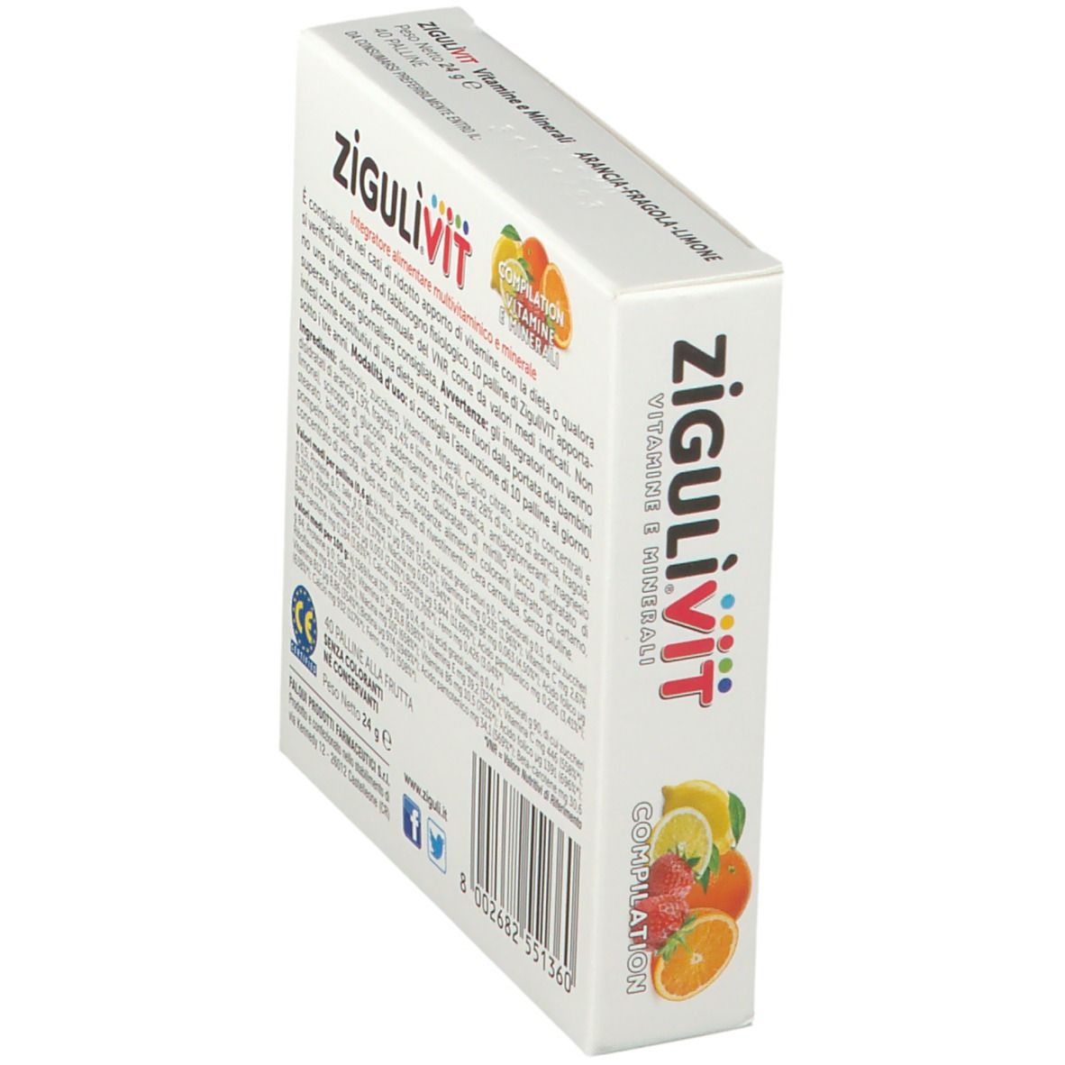 Scatola Zigulìvit Compilation Vitamine e Minerali. Vista laterale. Testo: confetti, 40 palline, senza glutine, coloranti, conservanti.