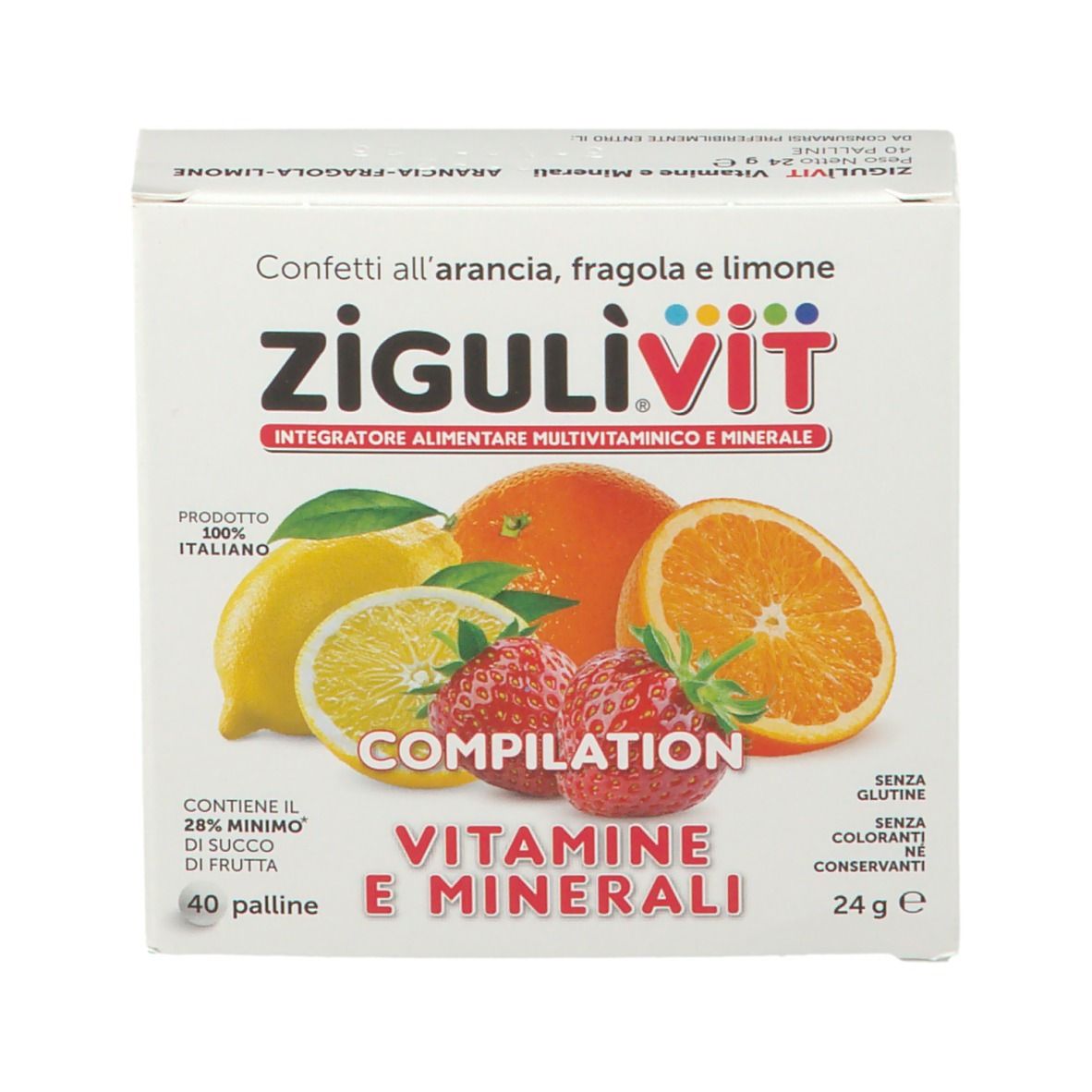 Scatola Zigulìvit Compilation Vitamine e Minerali. Frutta: arancia, limone, fragola. Testo: confetti, 40 palline, senza glutine, coloranti, conservanti.