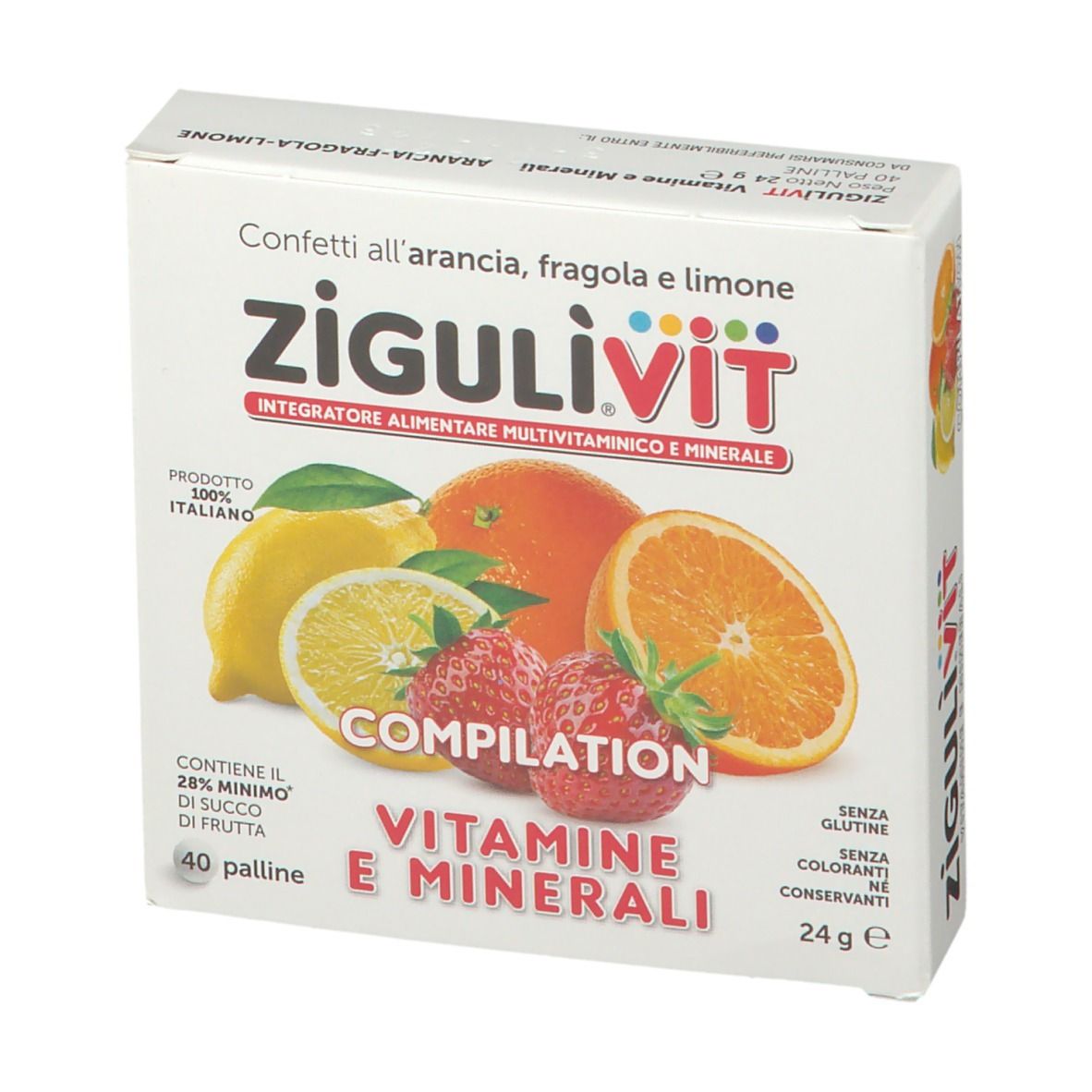 Scatola Zigulìvit Compilation Vitamine e Minerali. Frutta: arancia, limone, fragola. Testo: confetti, 40 palline, senza glutine, coloranti, conservanti.