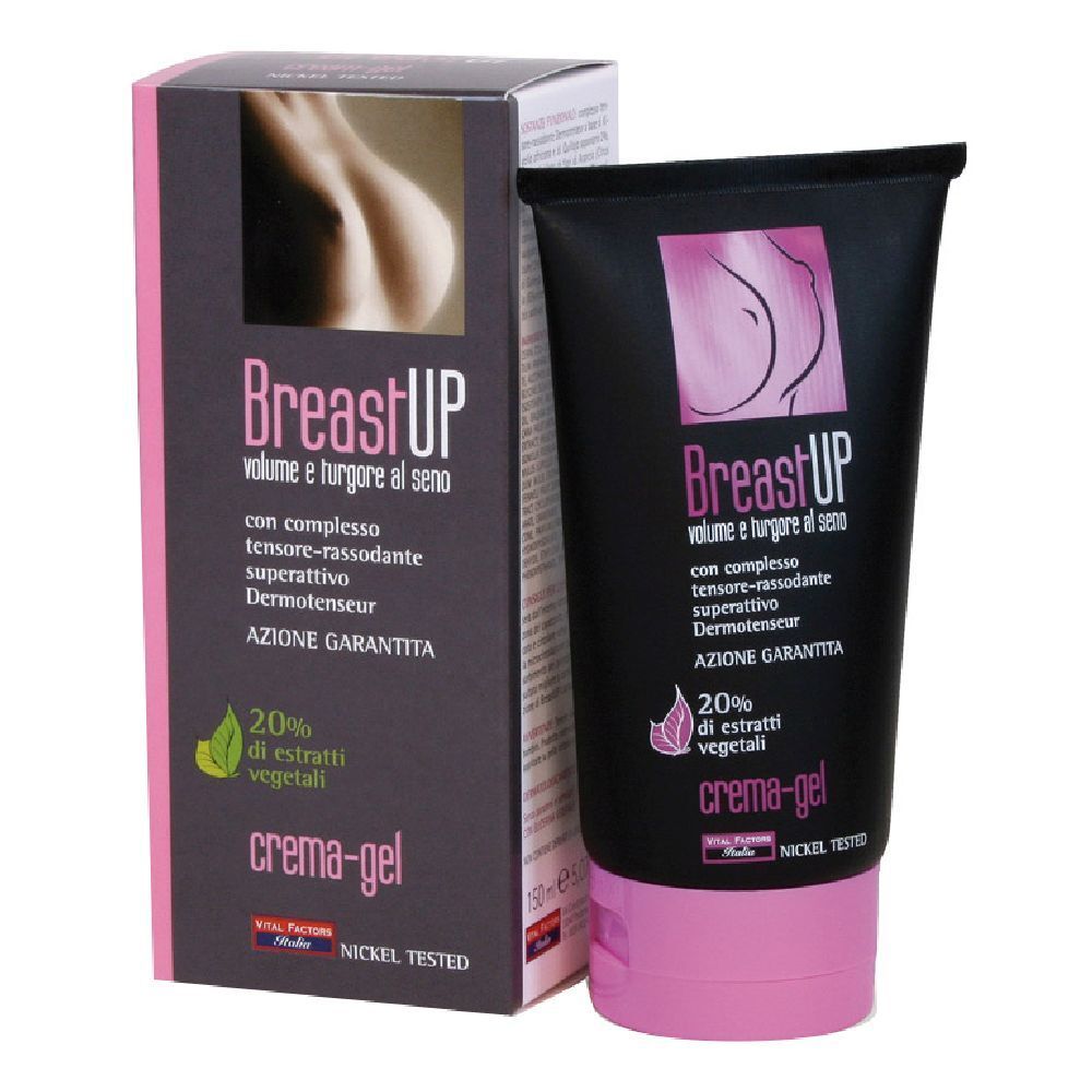Creme-Gel-Tube und Schachtel. Aufschrift BreastUP, Volumen und Festigkeit. Enthält 20% Pflanzenextrakte. Nickel getestet.