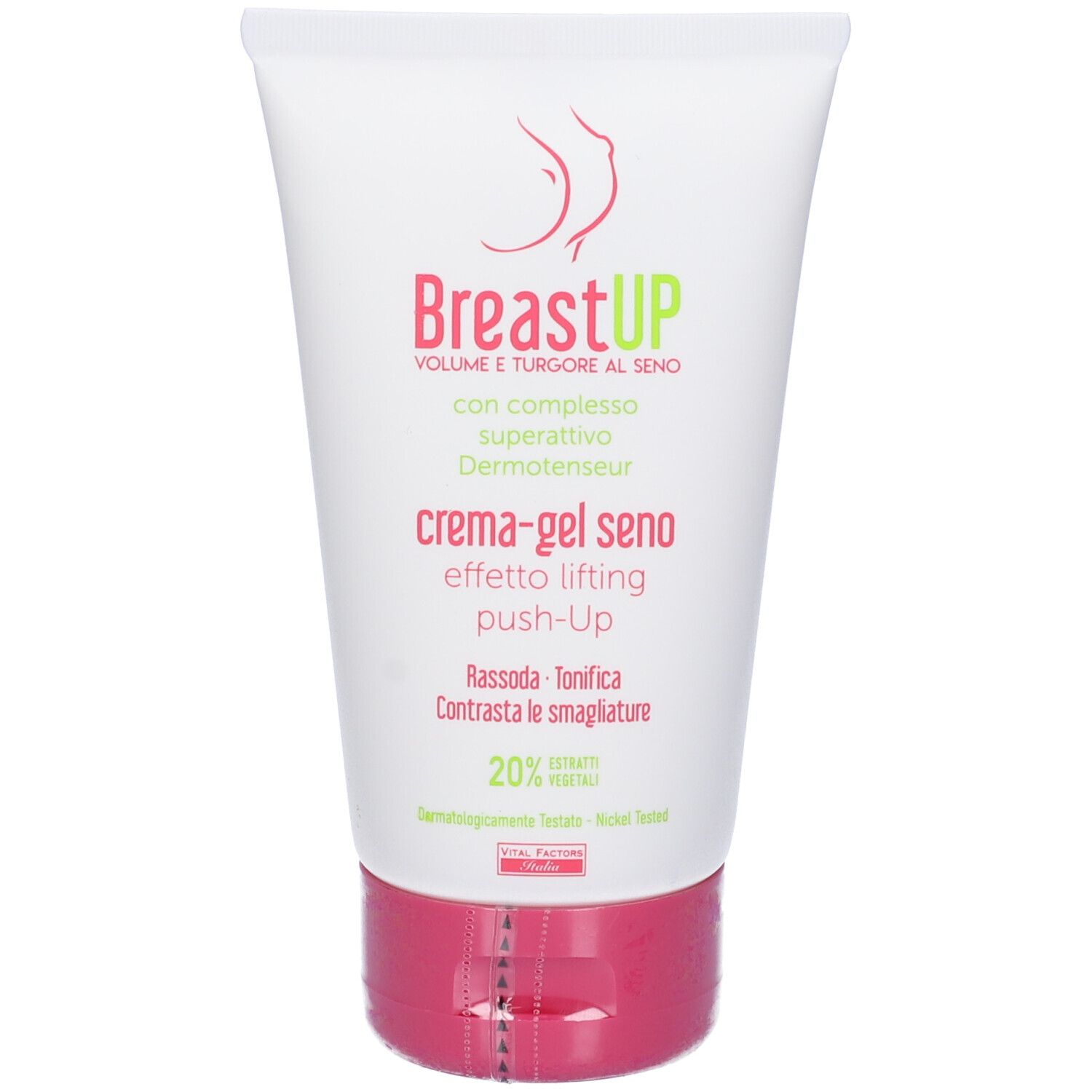 Weiße Tube mit rosa Verschluss. Aufschrift BreastUP, crema-gel seno, effetto lifting push-up. Enthält 20% Pflanzenextrakte. Nickel getestet.