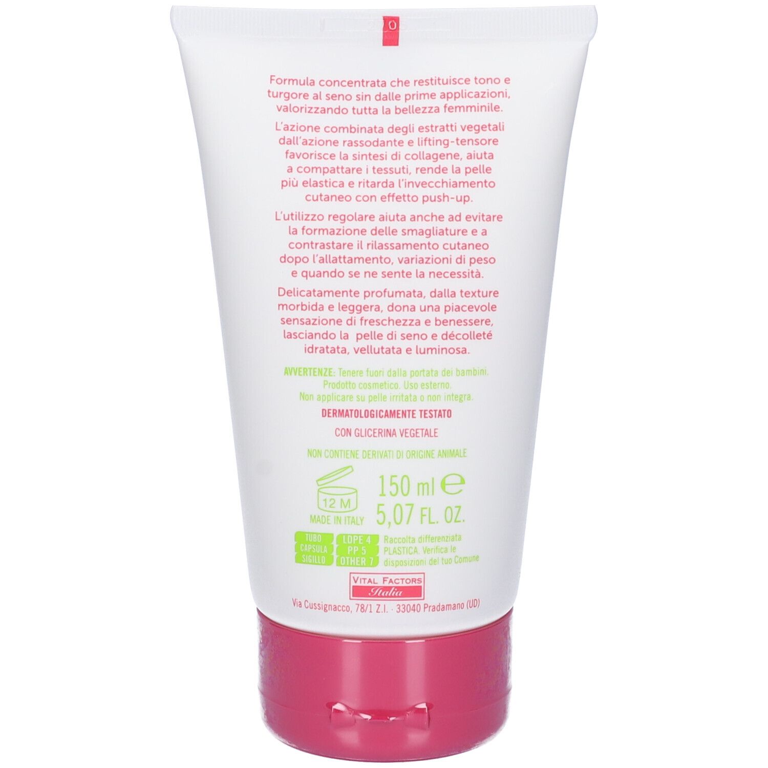 Rückseite der Tube. Text: Formel für Ton und Festigkeit. 150 ml. Dermatologisch getestet. Mit pflanzlichem Glycerin.