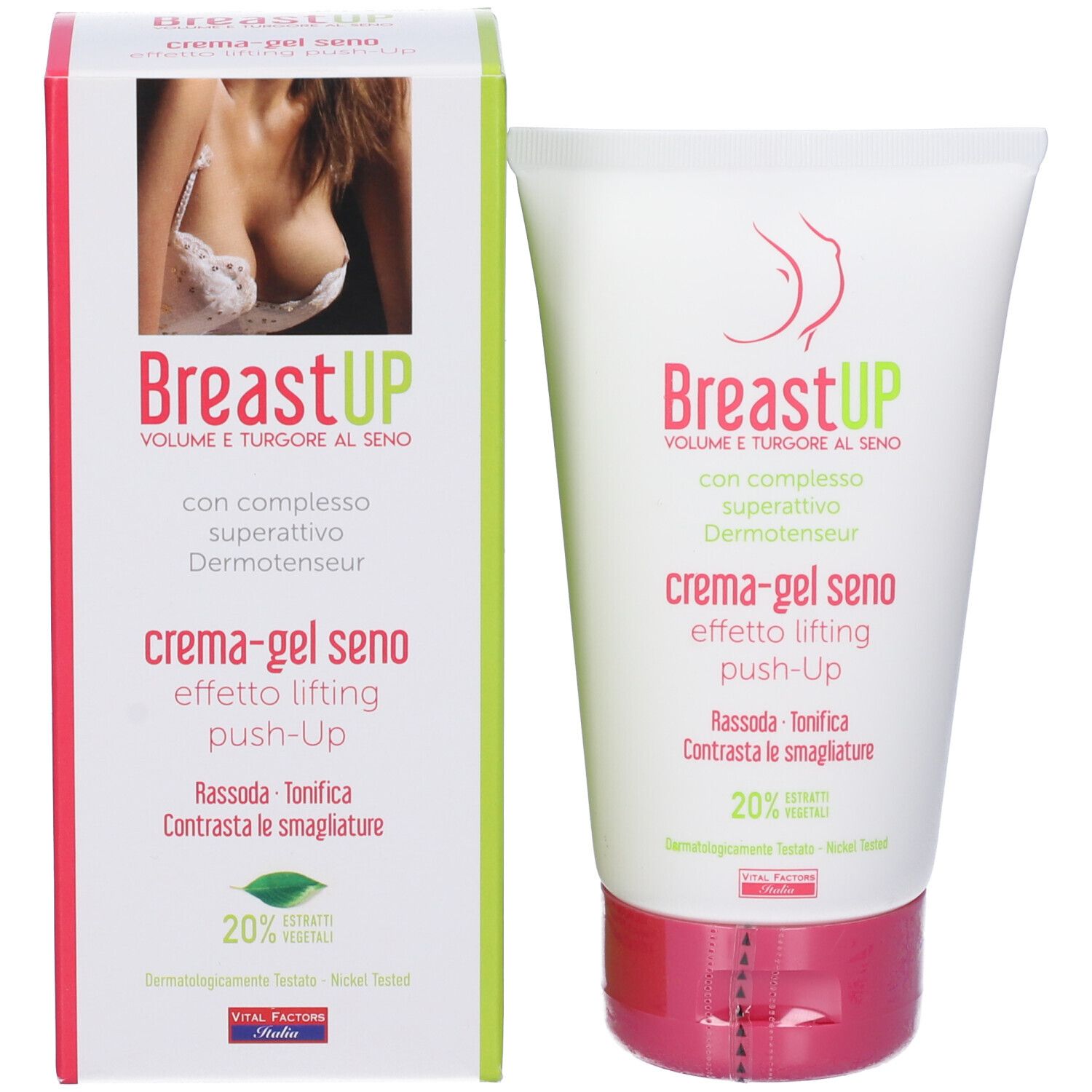 Schachtel und Tube. Aufschrift BreastUP, crema-gel seno, effetto lifting push-up. Enthält 20% Pflanzenextrakte. Nickel getestet.
