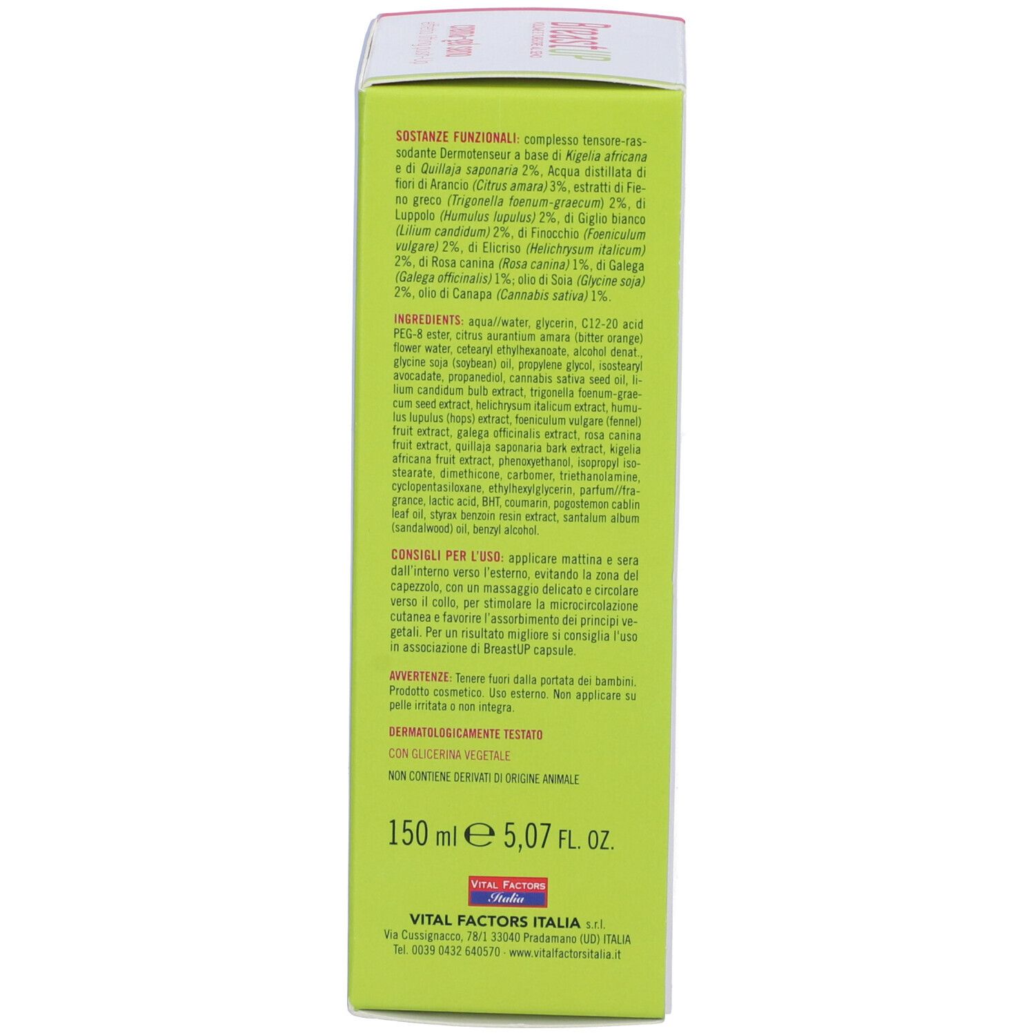 Schachtel, Text in Italienisch. Enthält Informationen zu Inhaltsstoffen und Anwendung. 150 ml. Dermatologisch getestet.