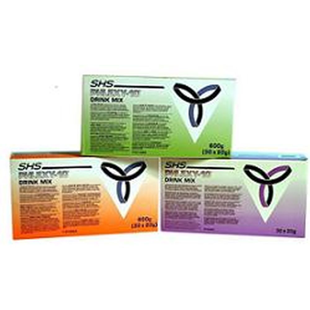 Tre scatole di Phlexy-10 Drink Mix. Verde, arancione e viola. Ogni scatola ha un logo e testo. La scatola verde contiene 600g.