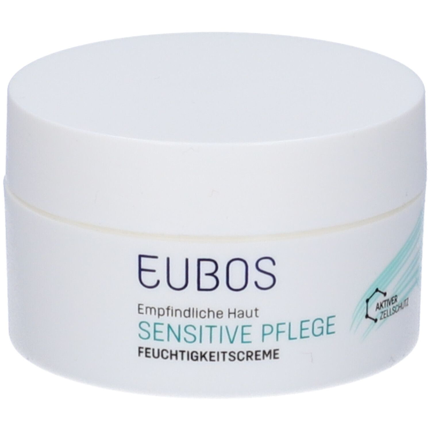 Vasetto di crema Eubos bianco. Scritta: Pelle sensibile, cura sensibile, crema idratante. Accento verde.
