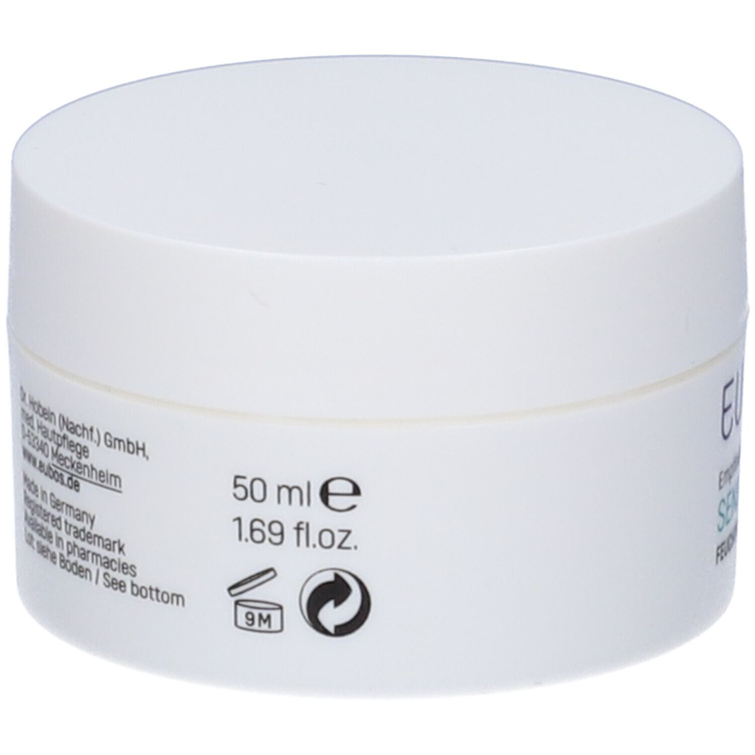 Retro del vasetto di crema Eubos bianco. Informazioni sugli ingredienti, produttore, formato 50 ml e simbolo di riciclo.