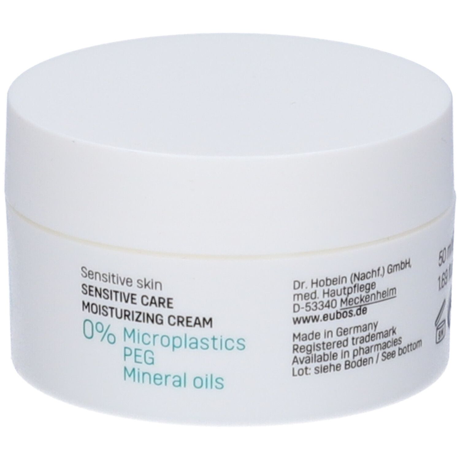 Vasetto di crema Eubos bianco. Scritta: Sensitive Skin, Moisturizing Cream. 0% microplastiche, PEG, oli minerali.