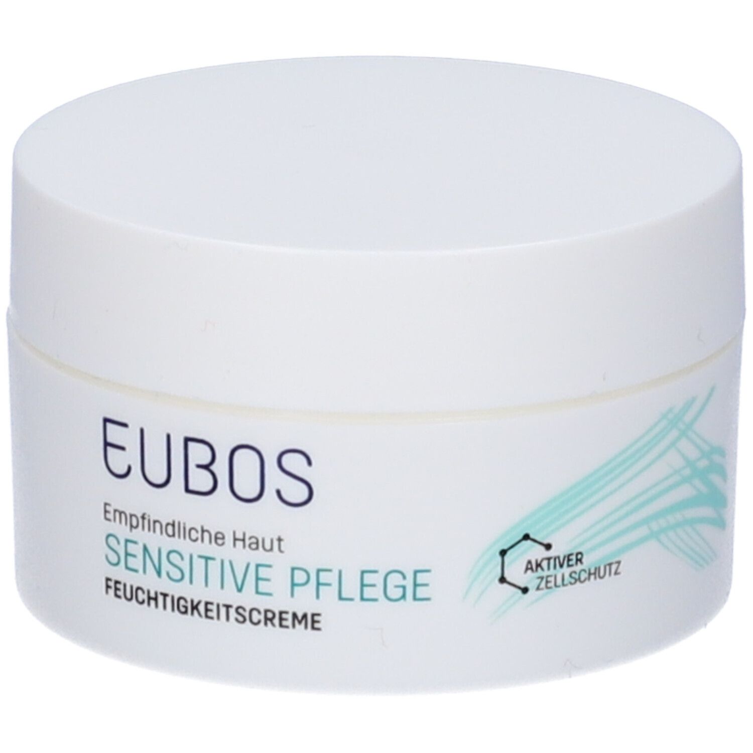 Vasetto di crema Eubos bianco. Scritta: Pelle sensibile, cura sensibile, crema idratante. Accento verde.