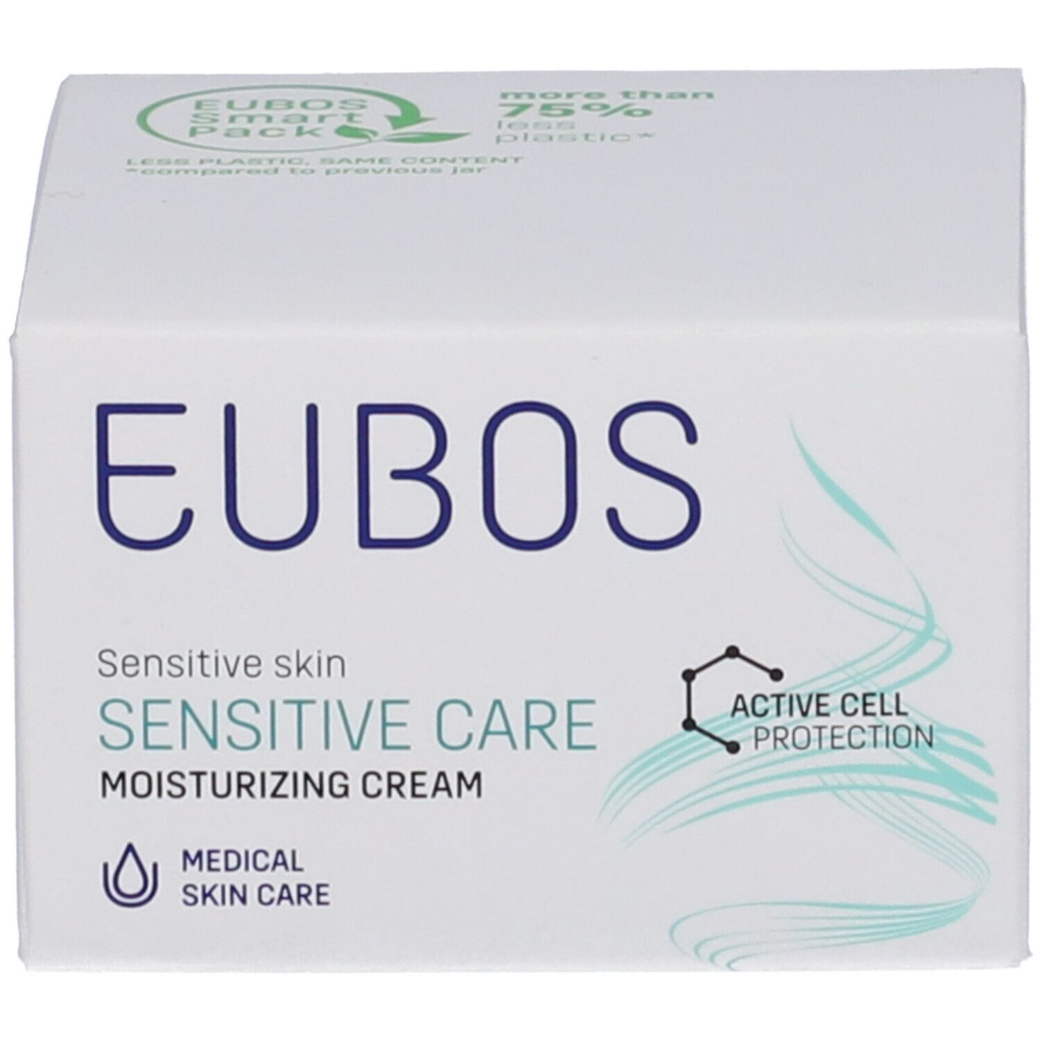 Confezione di crema Eubos. Scritta: Sensitive Care, idratante. Design bianco con logo blu e Smart Pack.