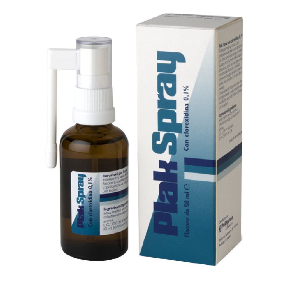 Flacone marrone con nebulizzatore bianco e scatola. Scritta: Plak Spray con Clorexidina 0,1%.