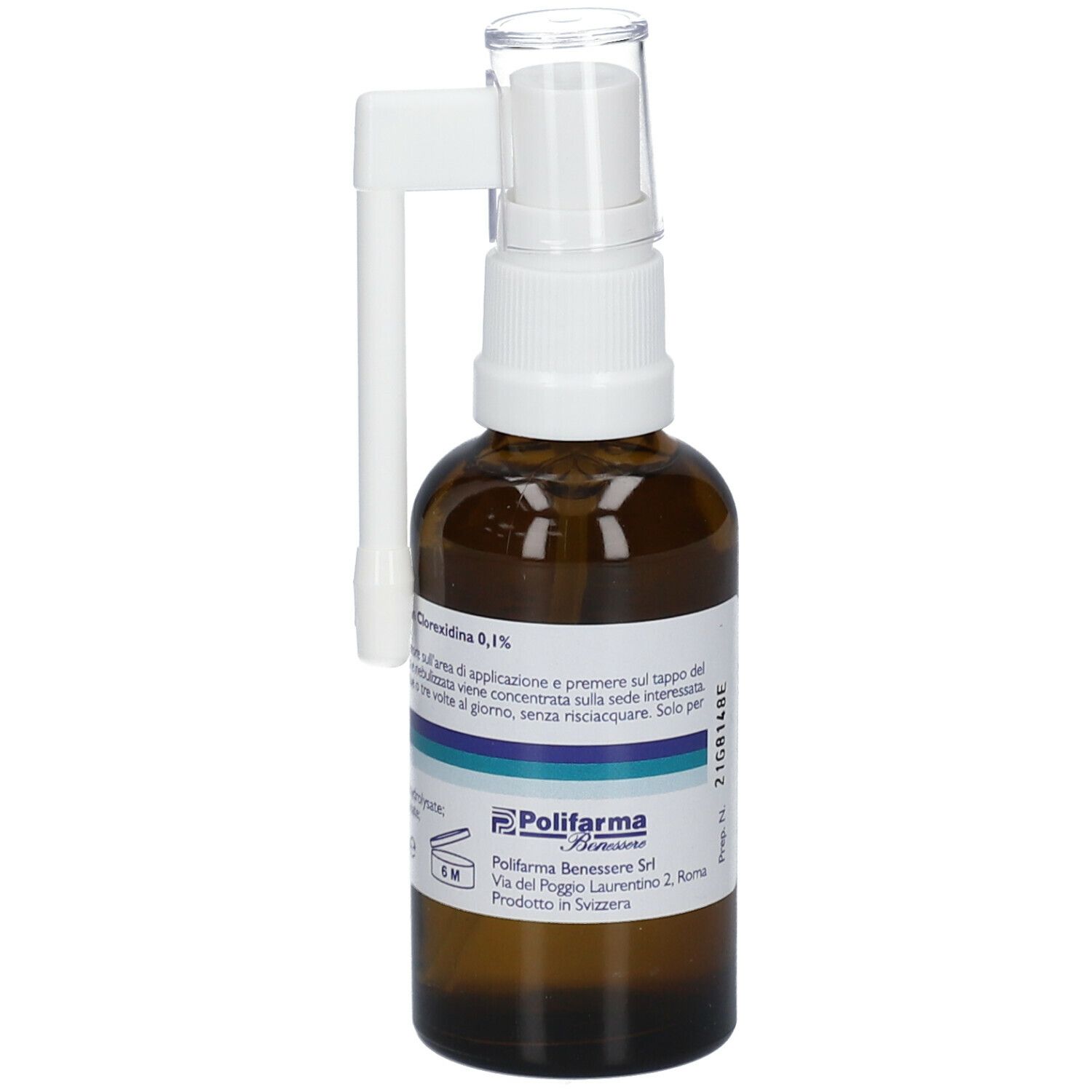 Flacone marrone con nebulizzatore bianco. Scritta: Plak Spray con Clorexidina 0,1%.