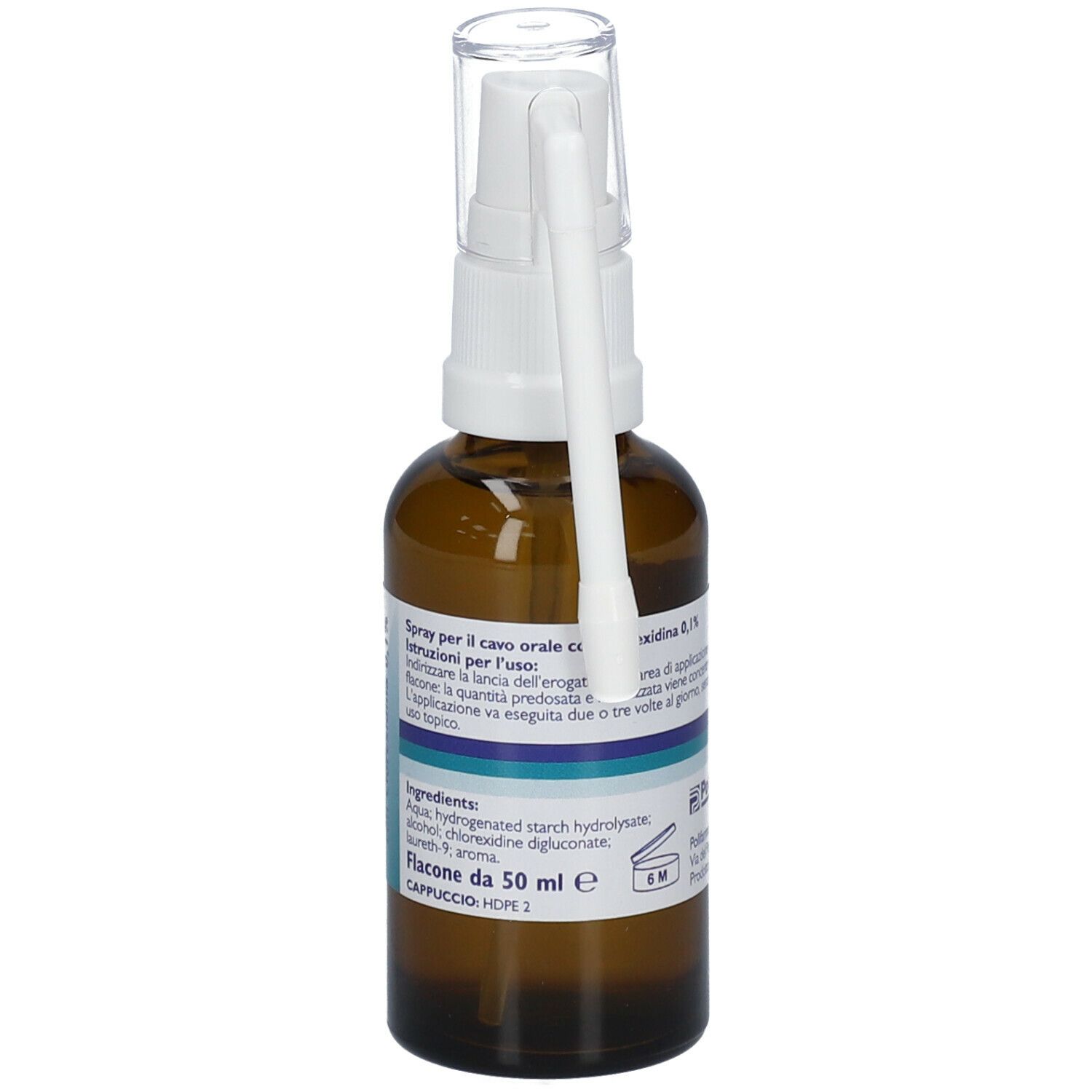 Flacone marrone con nebulizzatore bianco. Scritta: Plak Spray con Clorexidina 0,1%.