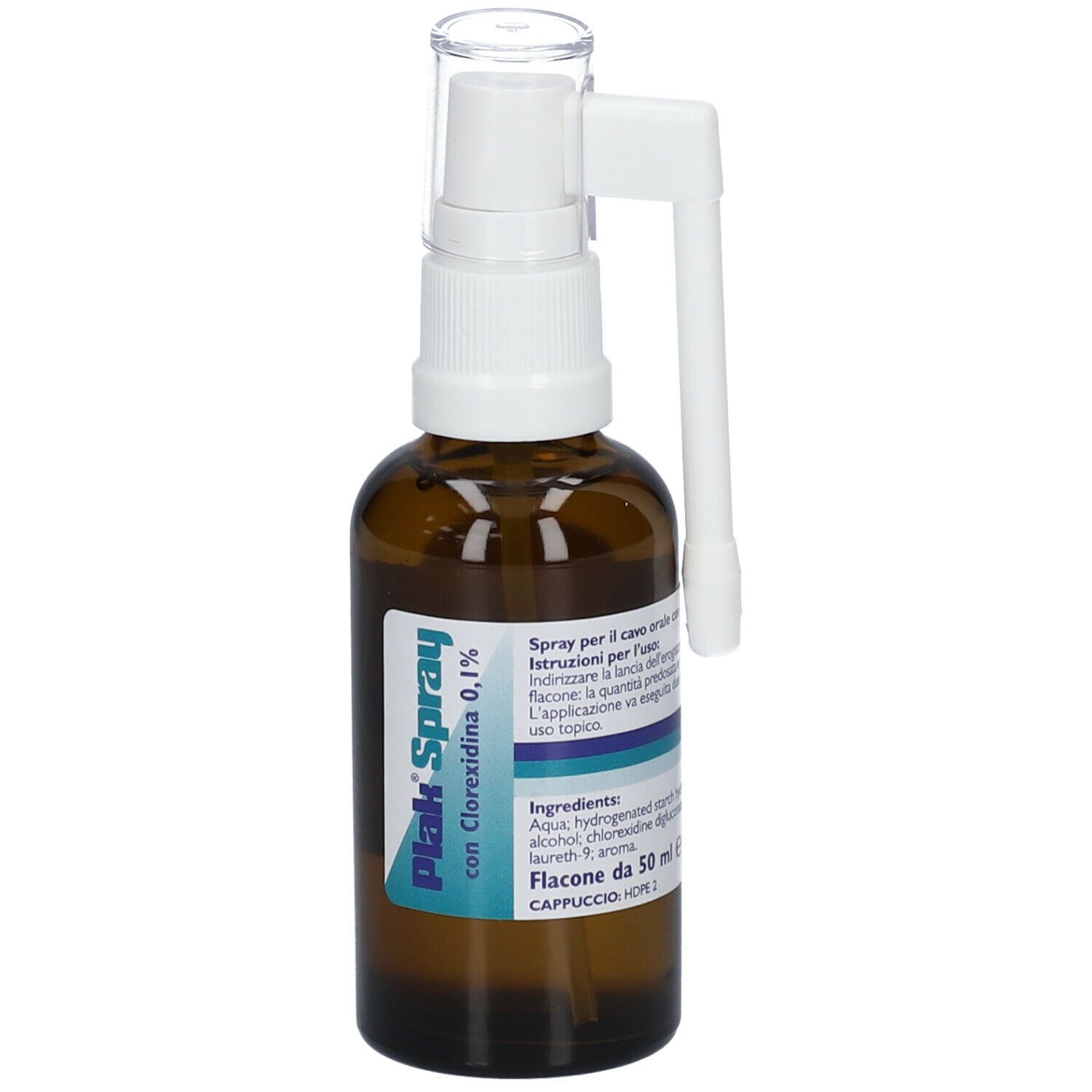 Flacone marrone con nebulizzatore bianco. Scritta: Plak Spray con Clorexidina 0,1%.