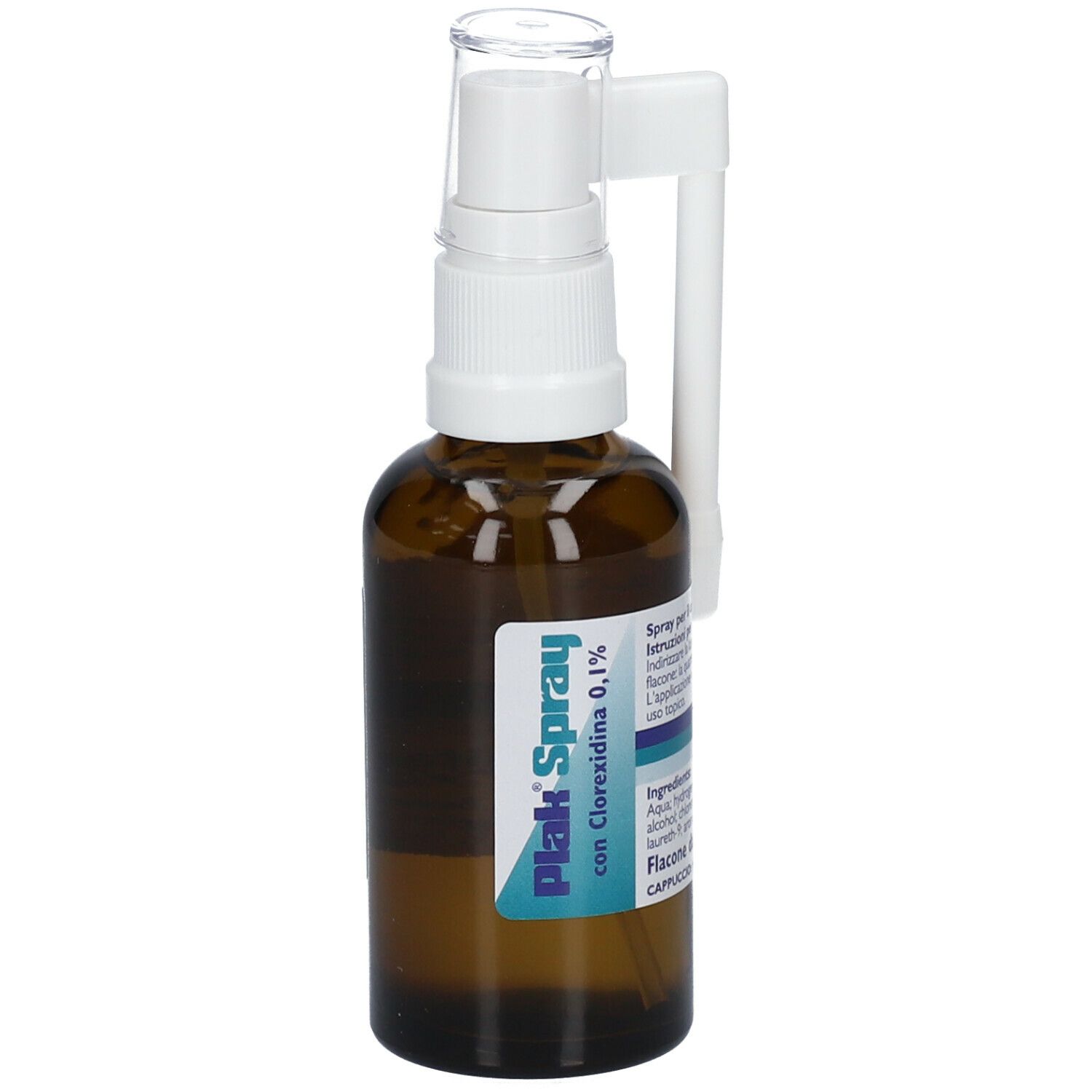 Flacone marrone con nebulizzatore bianco. Scritta: Plak Spray con Clorexidina 0,1%.