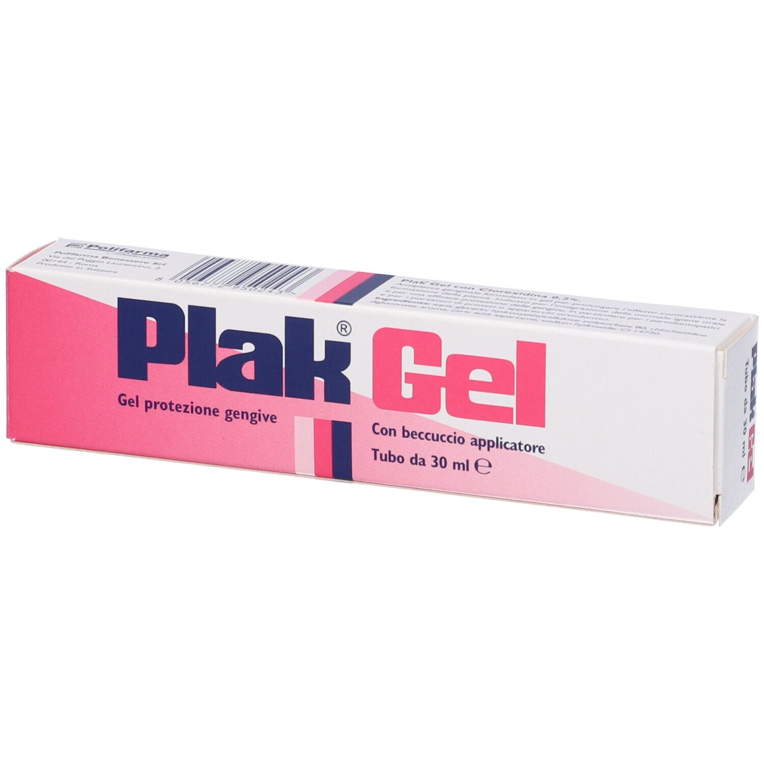 Emballage Plak Gel. Boîte blanche avec accents roses. Nom et texte du produit clairement visibles.