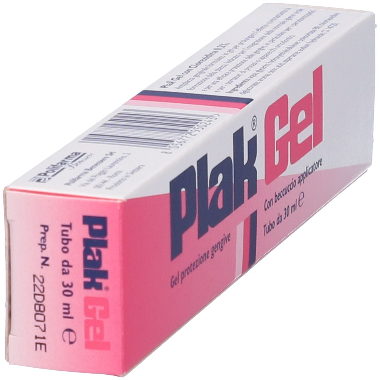 Emballage Plak Gel. Boîte en vue oblique. Nom et texte du produit visibles. Rose et blanc.