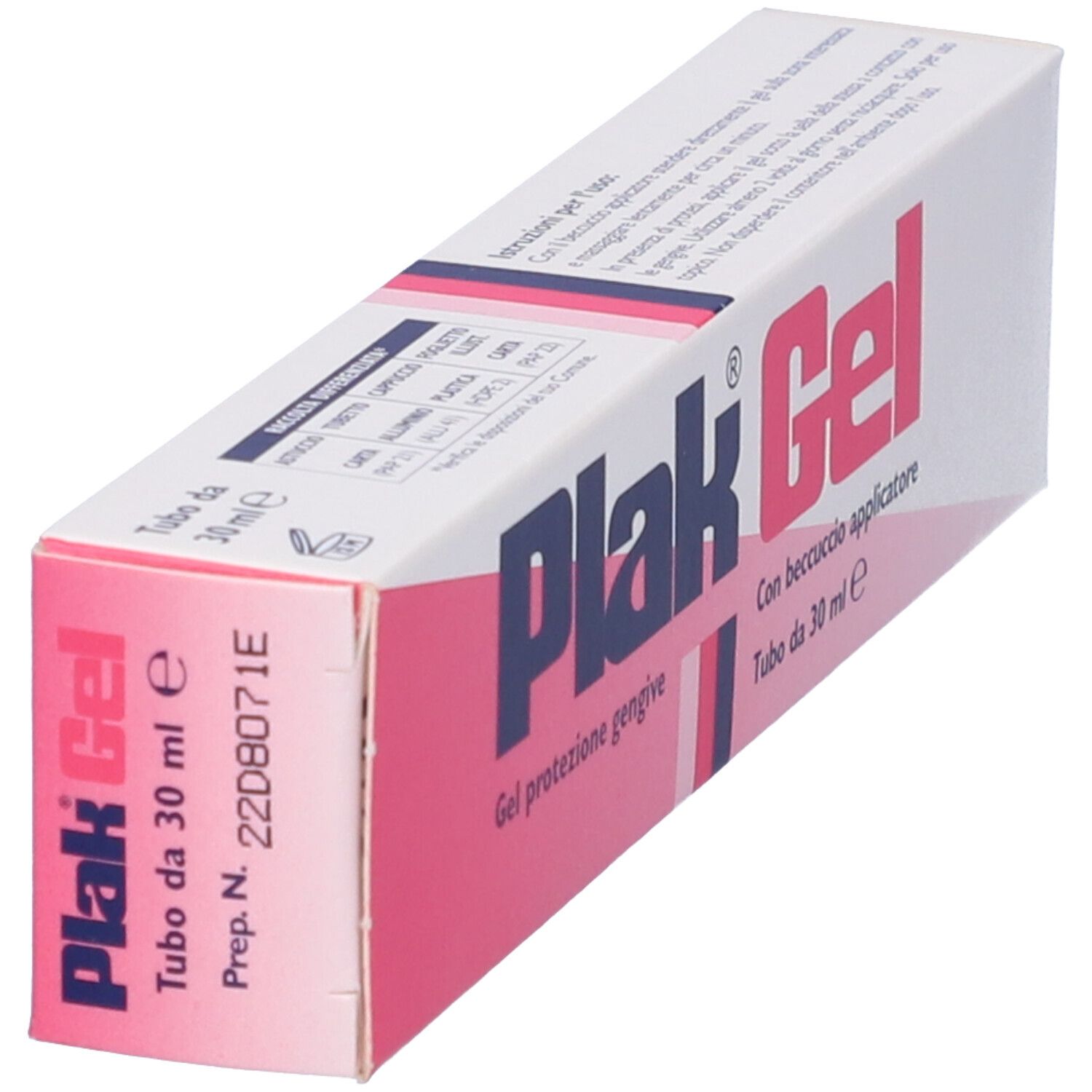 Emballage Plak Gel. Boîte en vue oblique. Nom et texte du produit visibles. Rose et blanc.