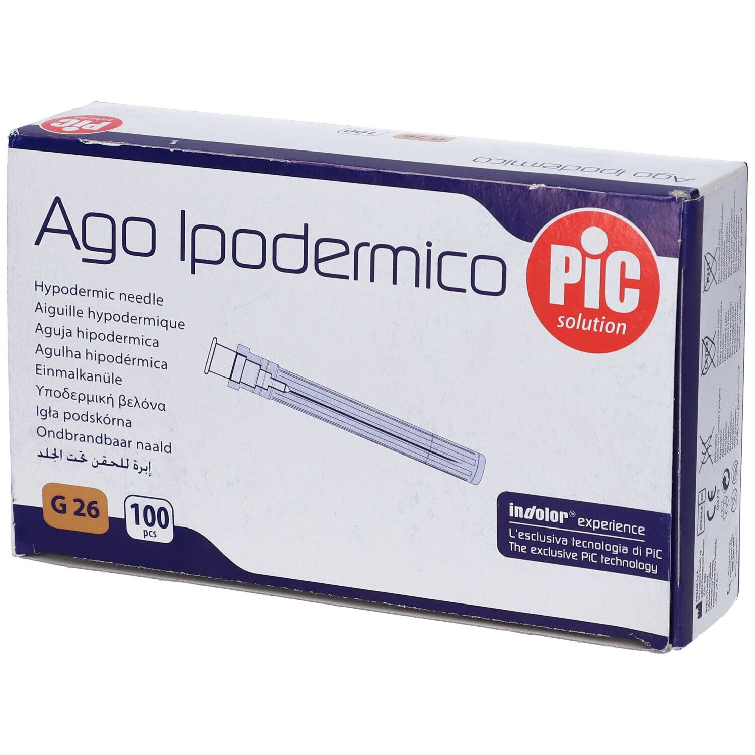 Confezione di Ago Ipodermico. Scritta: Ago Ipodermico, PIC solution. Contiene 100 aghi, G26.