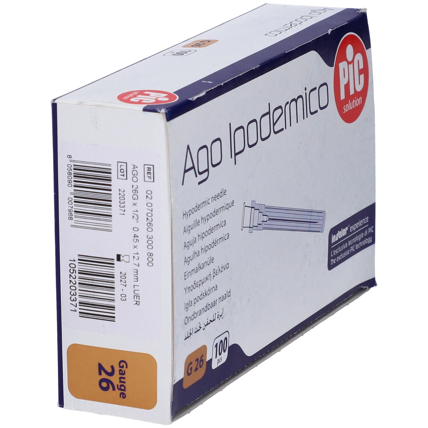 Confezione di Ago Ipodermico. Scritta: Ago Ipodermico, PIC solution. Contiene 100 aghi, G26. Dettagli.